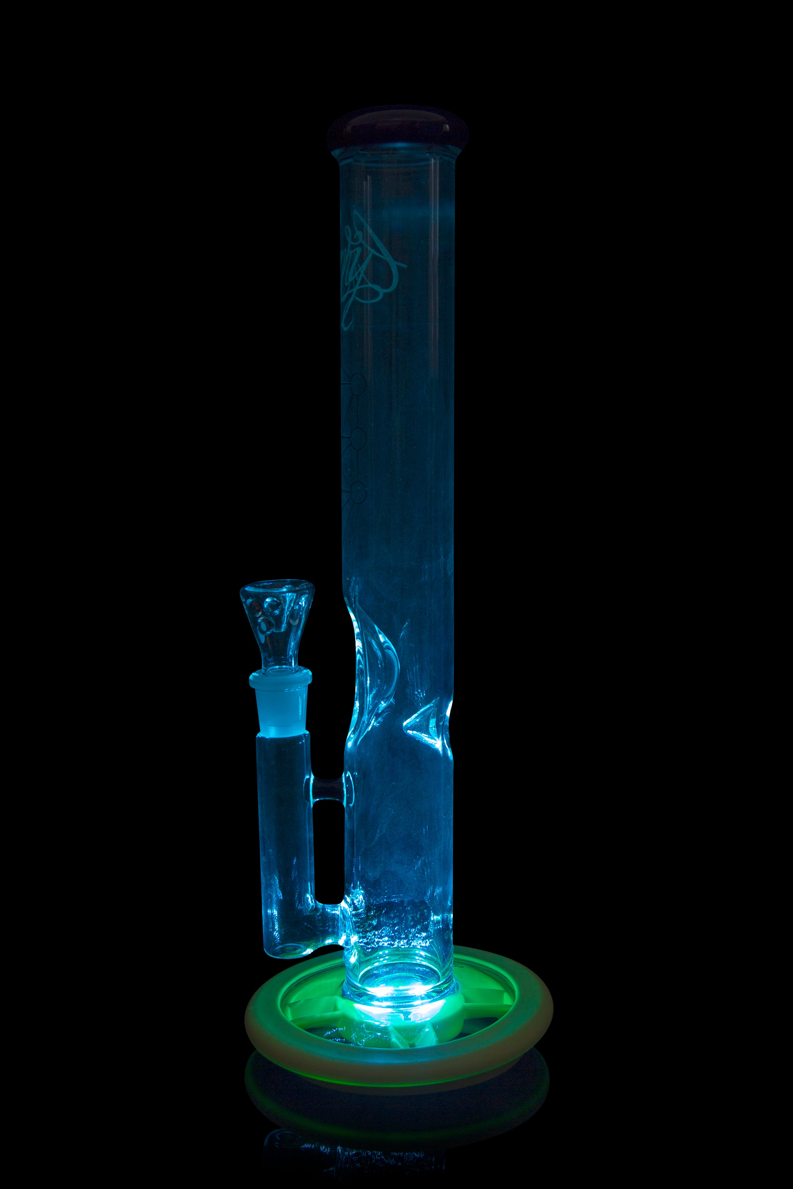 Glowing blue glass water pipe (bong) isolated on black.