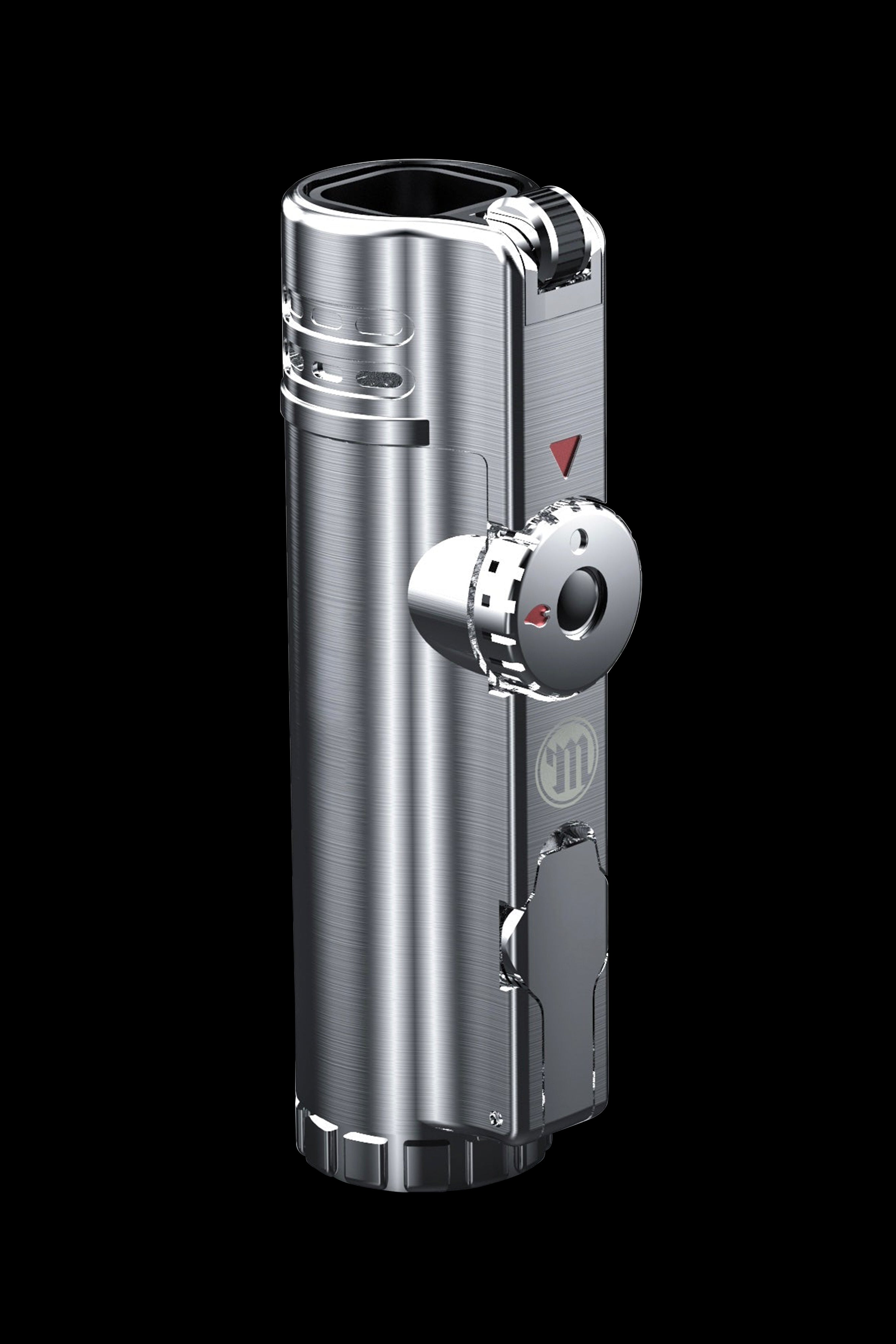 Silver butane torch lighter with adjustable flame control.