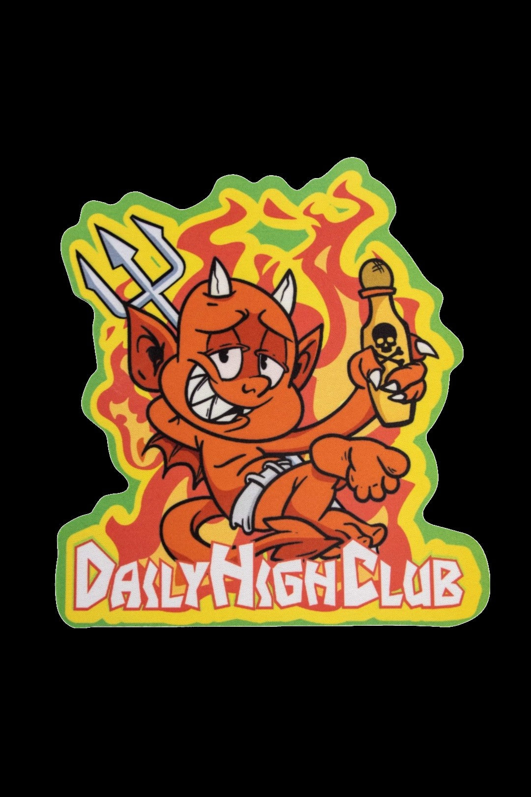 Cartoon devil holding a cannabis oil vial with “Daily High Club” text below, set against a vibrant green and orange background.