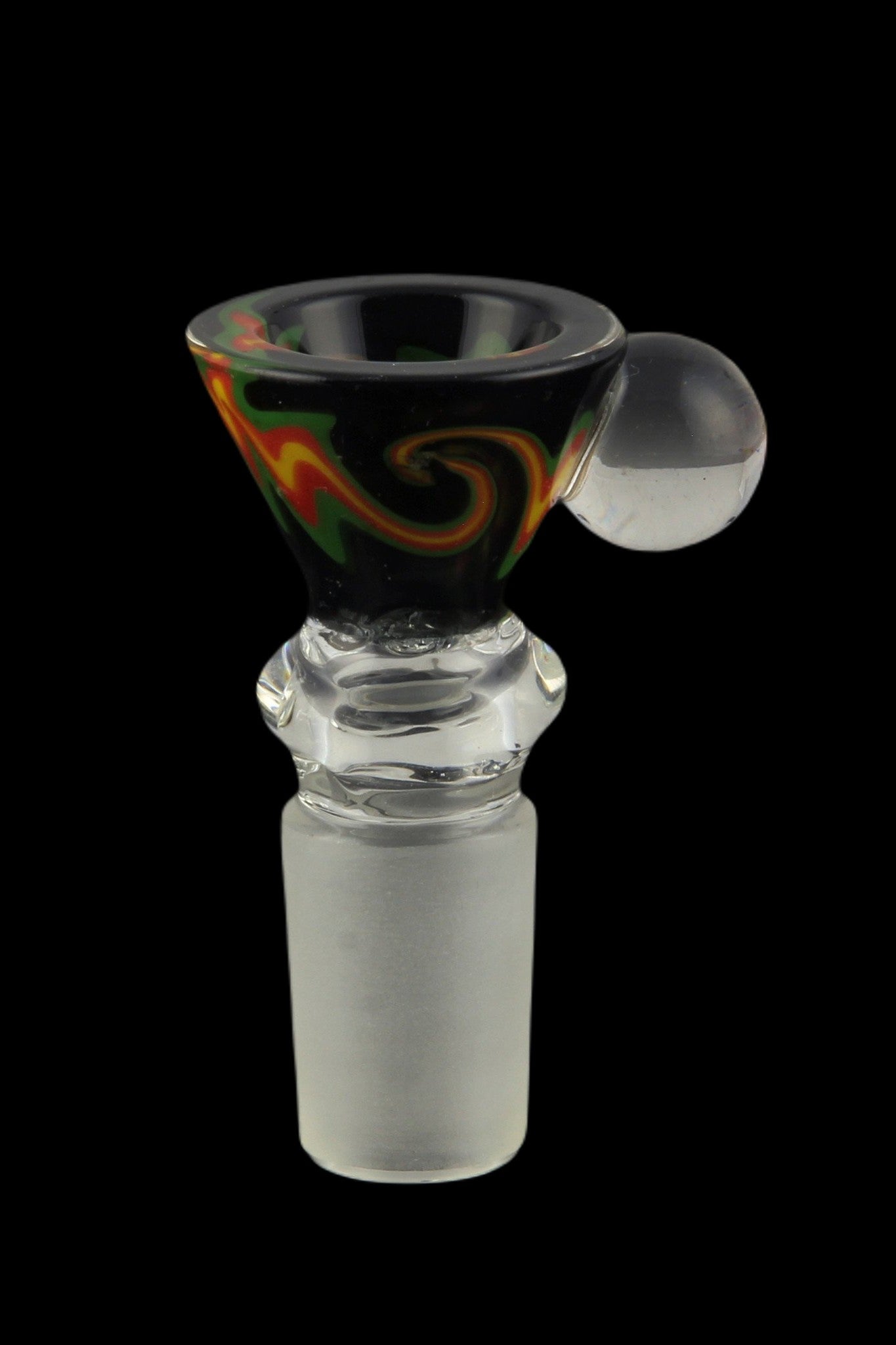Glass smoking bowl with colorful swirl design.