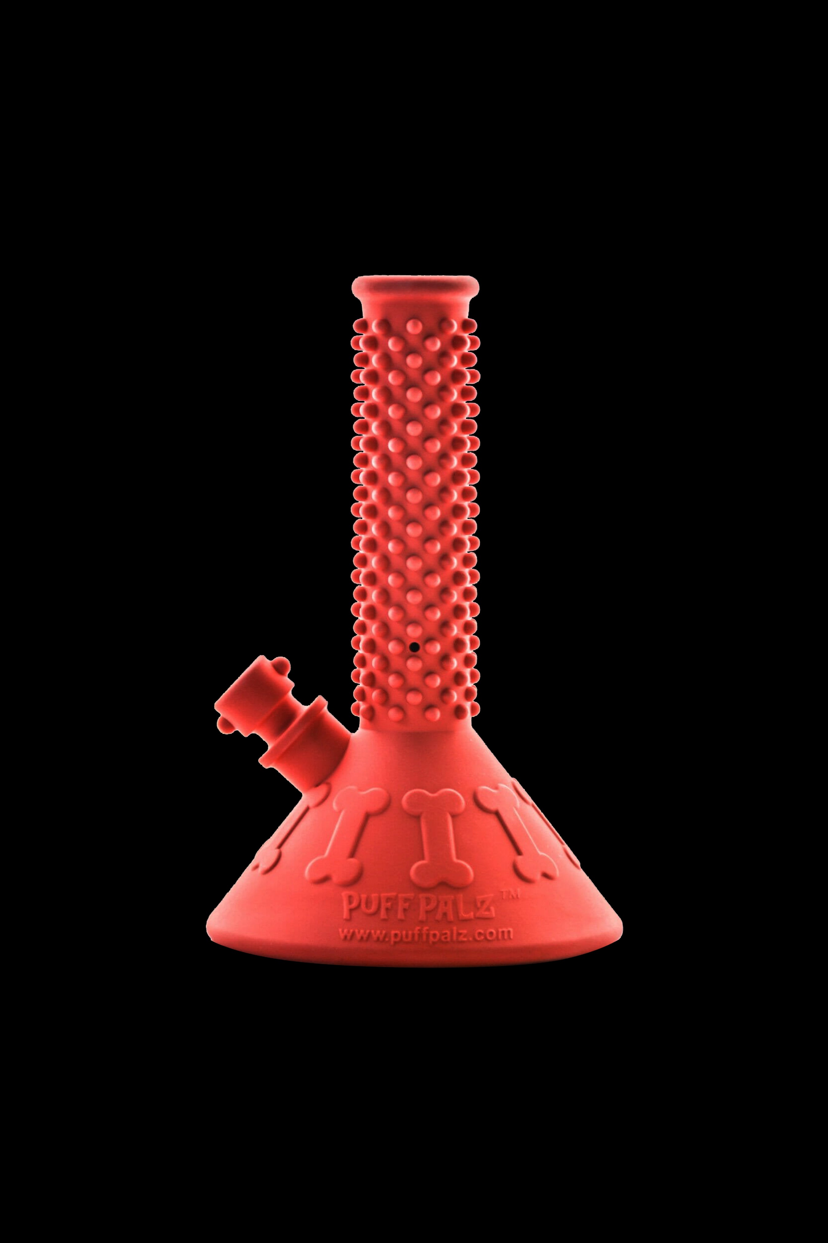 Red silicone water pipe ("bong") with textured surface and branded base.