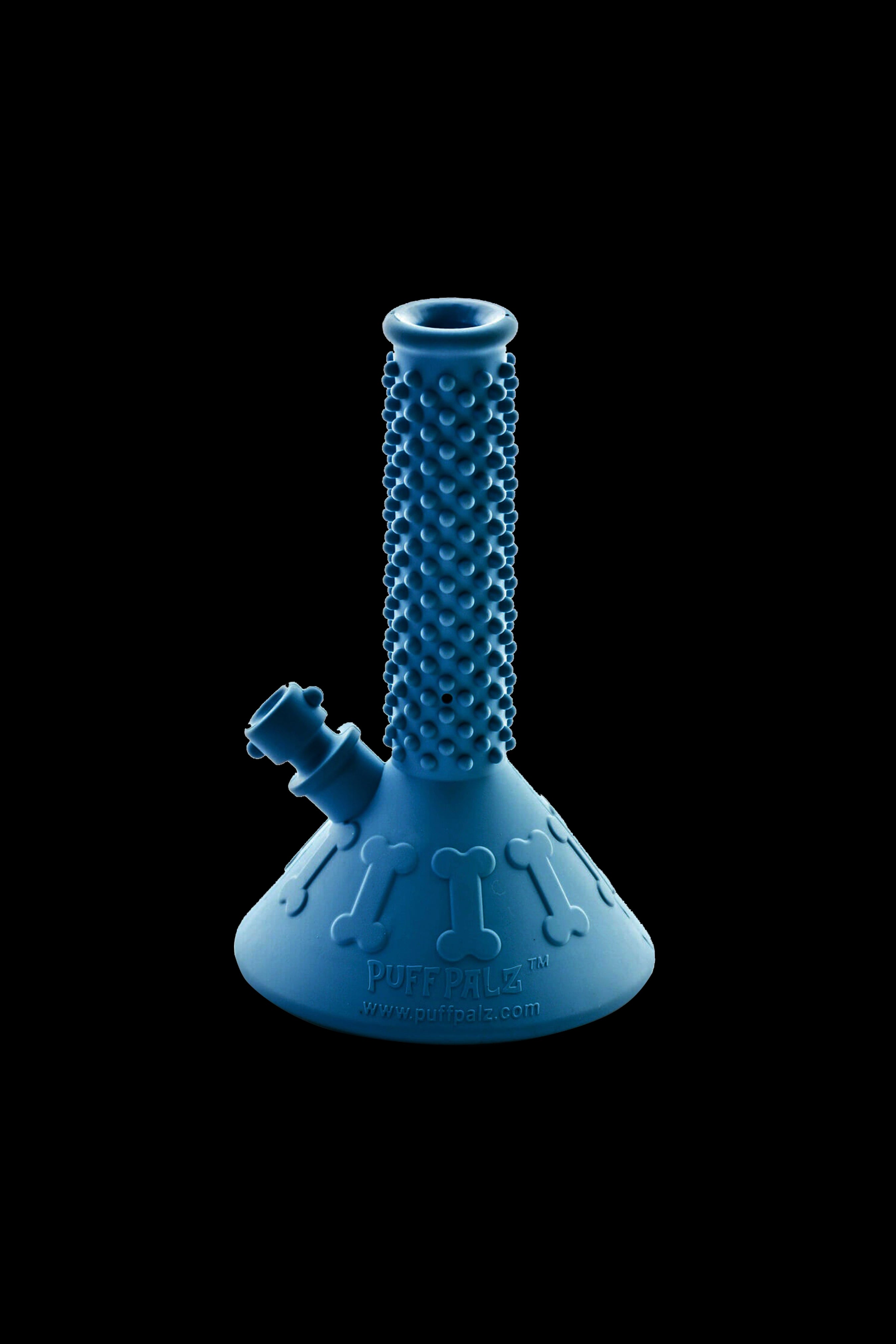 Blue glass water pipe with textured surface and brand logo.