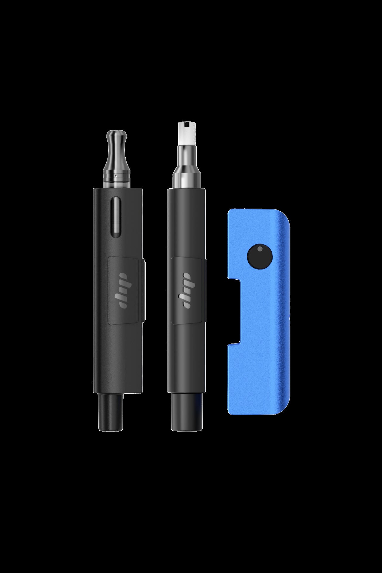 Black cannabis vape pens with two different mouthpieces and a blue carrying case on a white background.