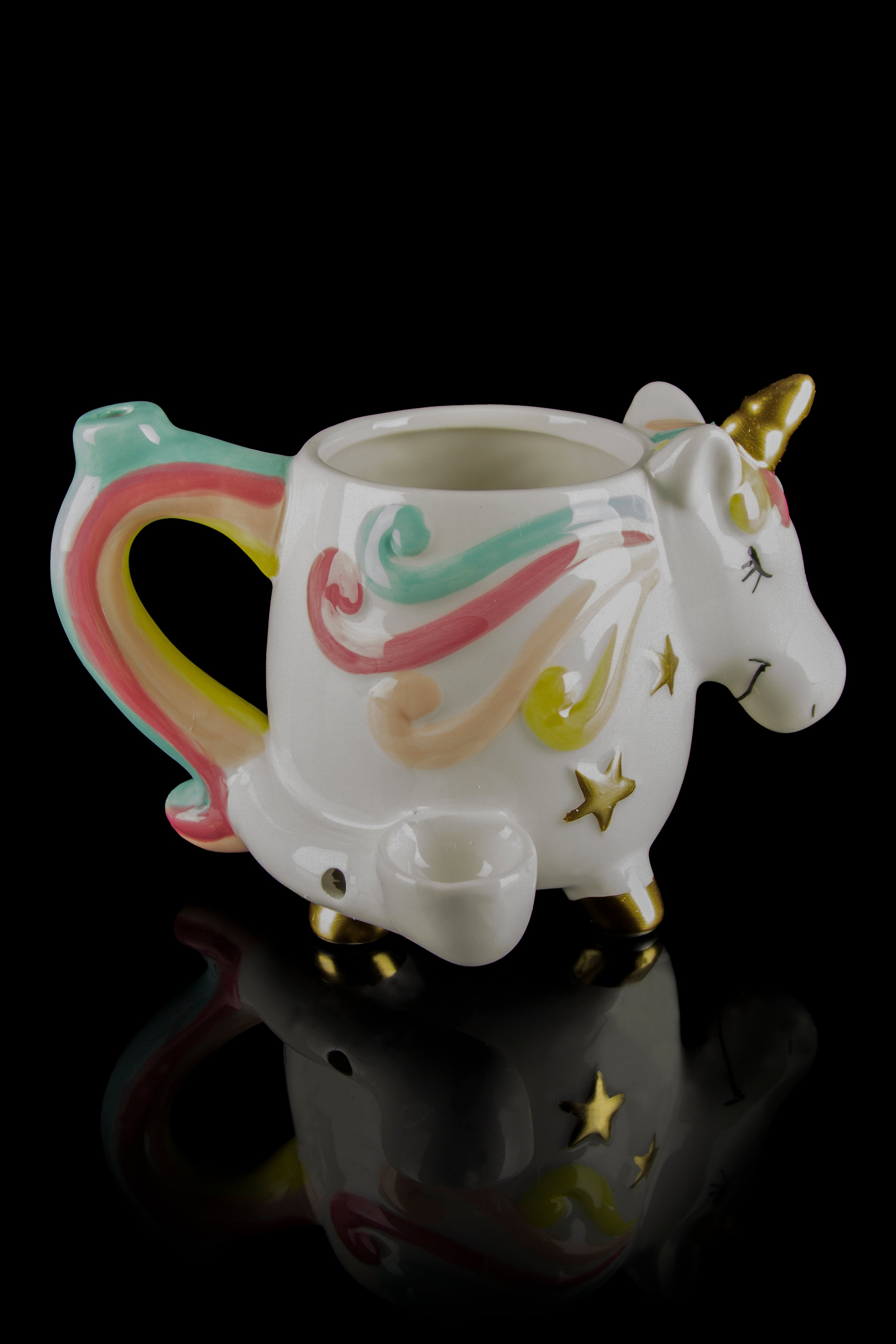 Ceramic unicorn water pipe with colorful accents and a glossy reflective surface.