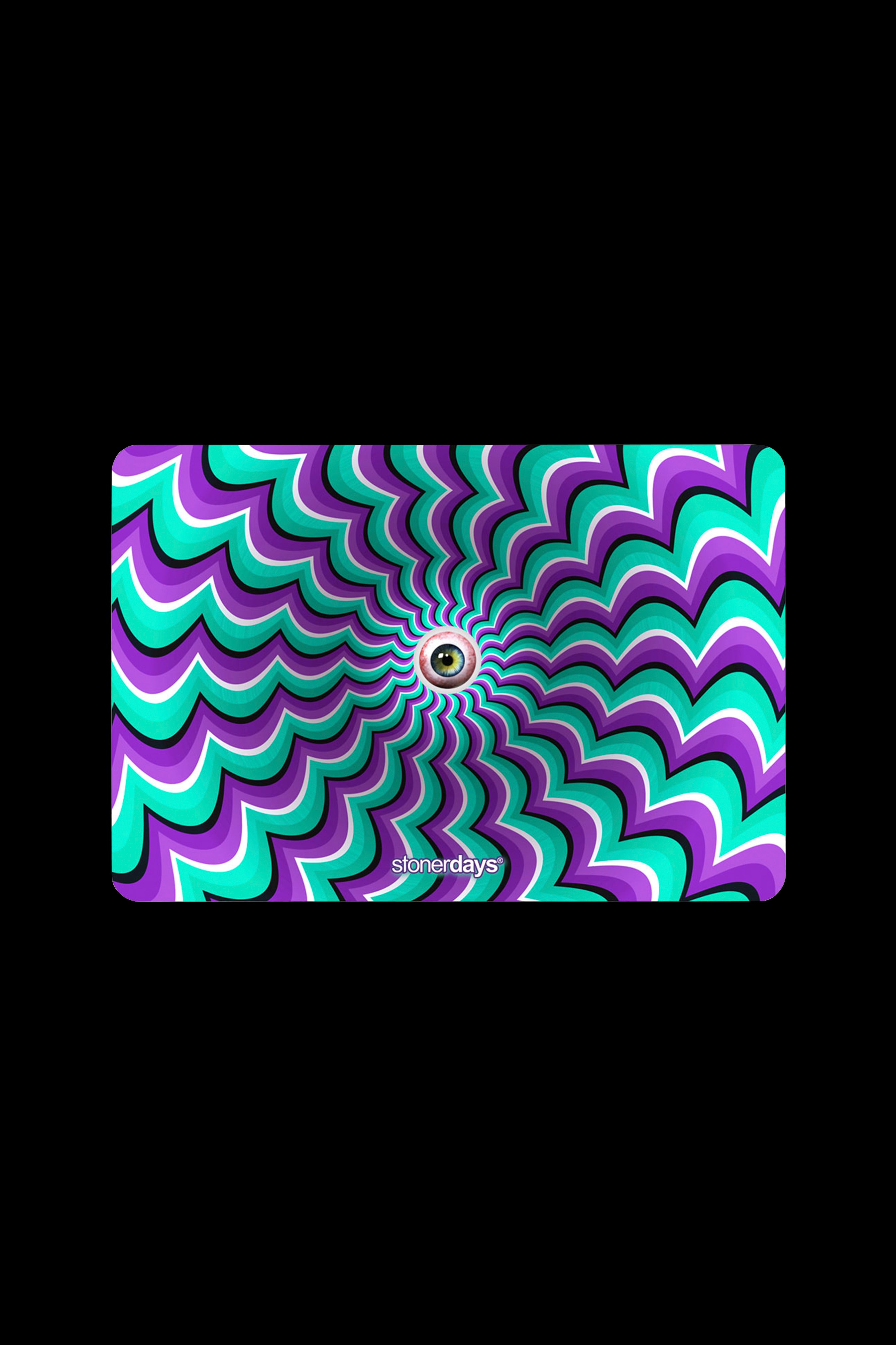 Psychedelic optical illusion with an eye at the center and the text "stonerdays."
