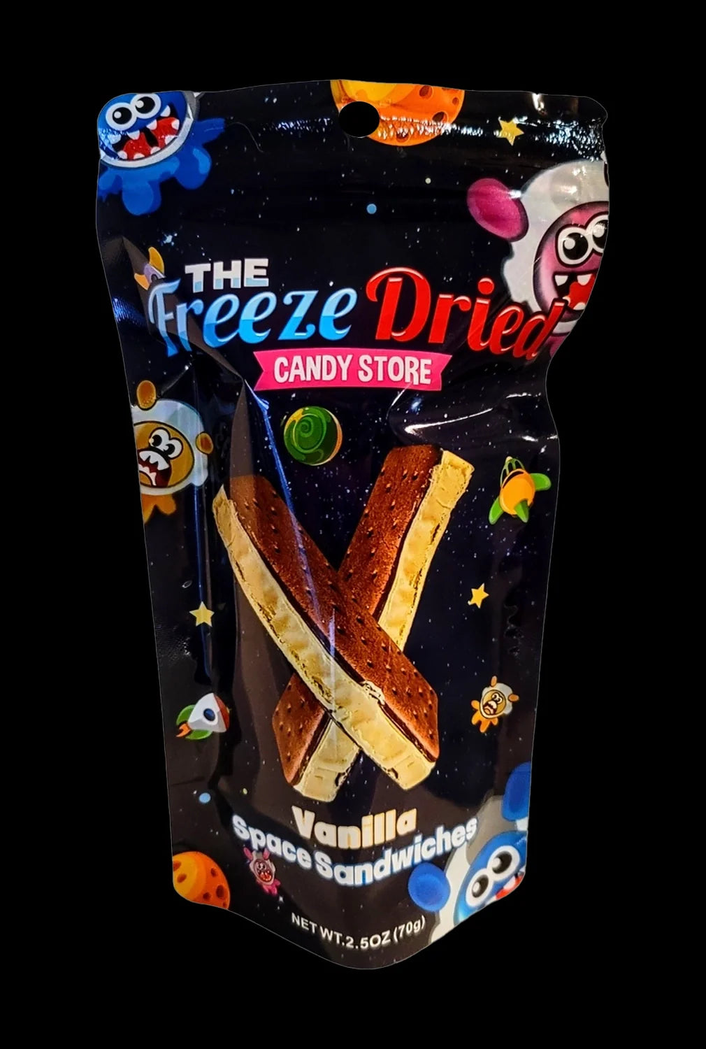 Colorful, sealed pouch of “Vanilla Space Sandwiches” cannabis edibles with a space-themed design.