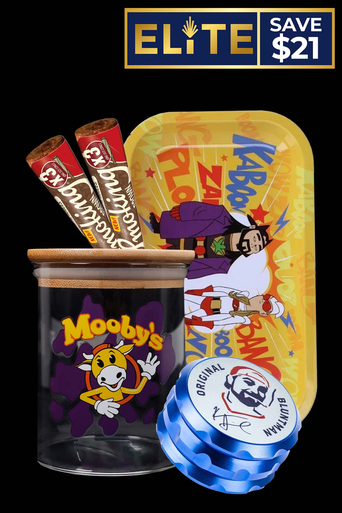 A promotional image featuring cannabis accessories: a glass jar with a cartoon monkey logo ("Mooby's"), two rolling paper packs, a lighter, and a blue jar lid with branding. A banner at the top reads "Elite" with a "$21 Save" offer.