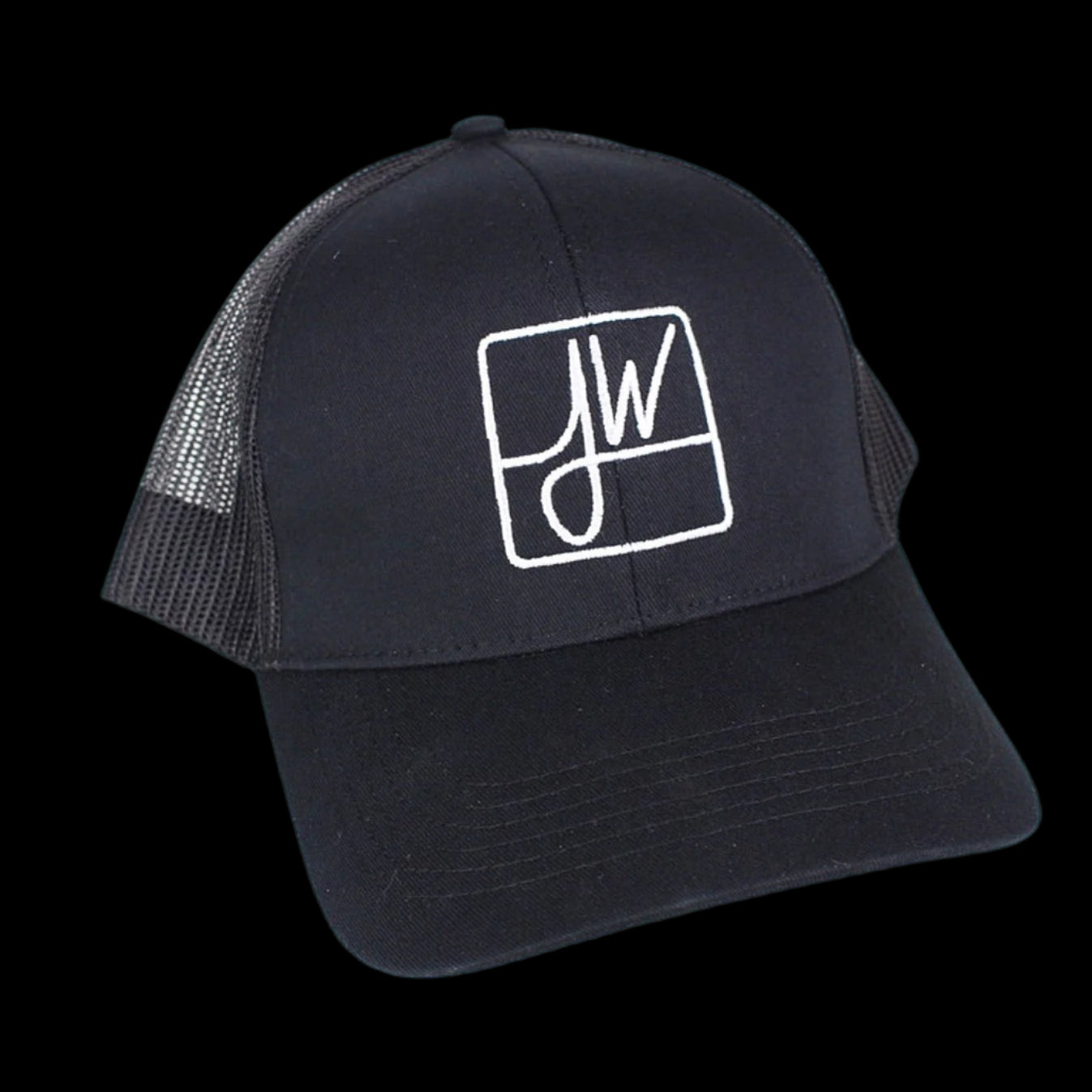 Black trucker hat with a white square logo featuring stylized cannabis leaves.
