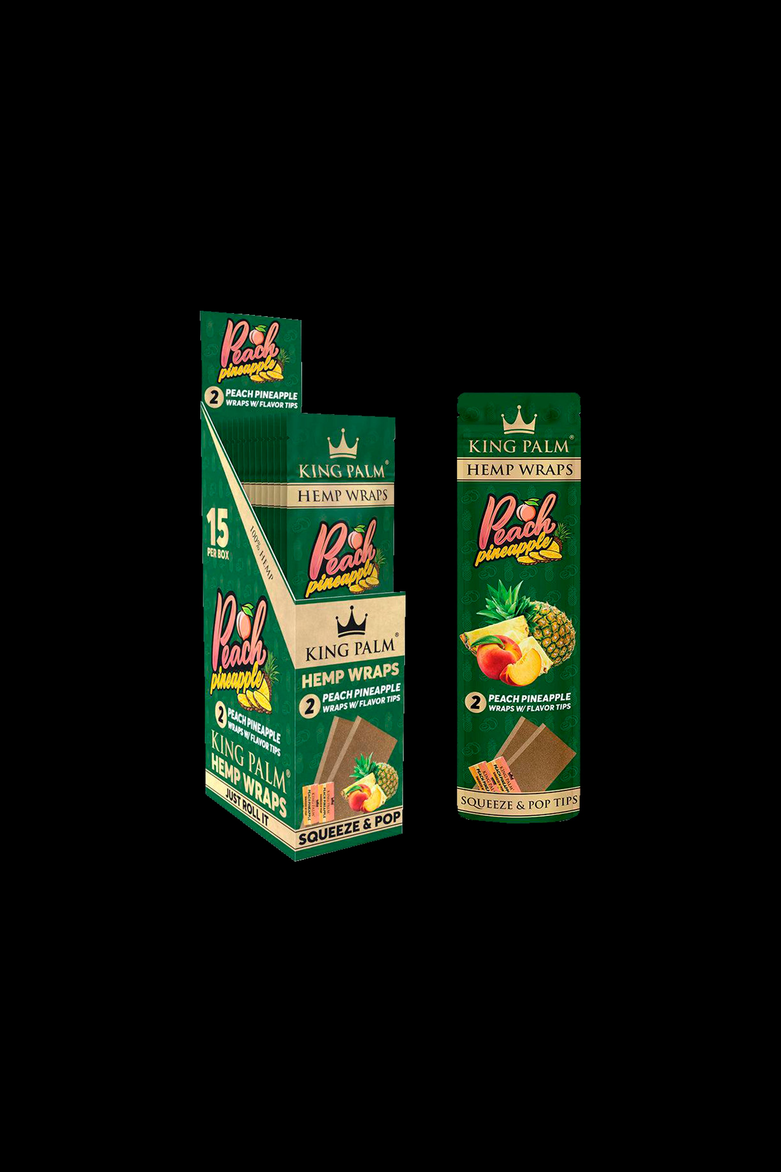 Close-up of King Palm Peach Pineapple hemp wrap boxes, displaying tropical fruit imagery and branding.