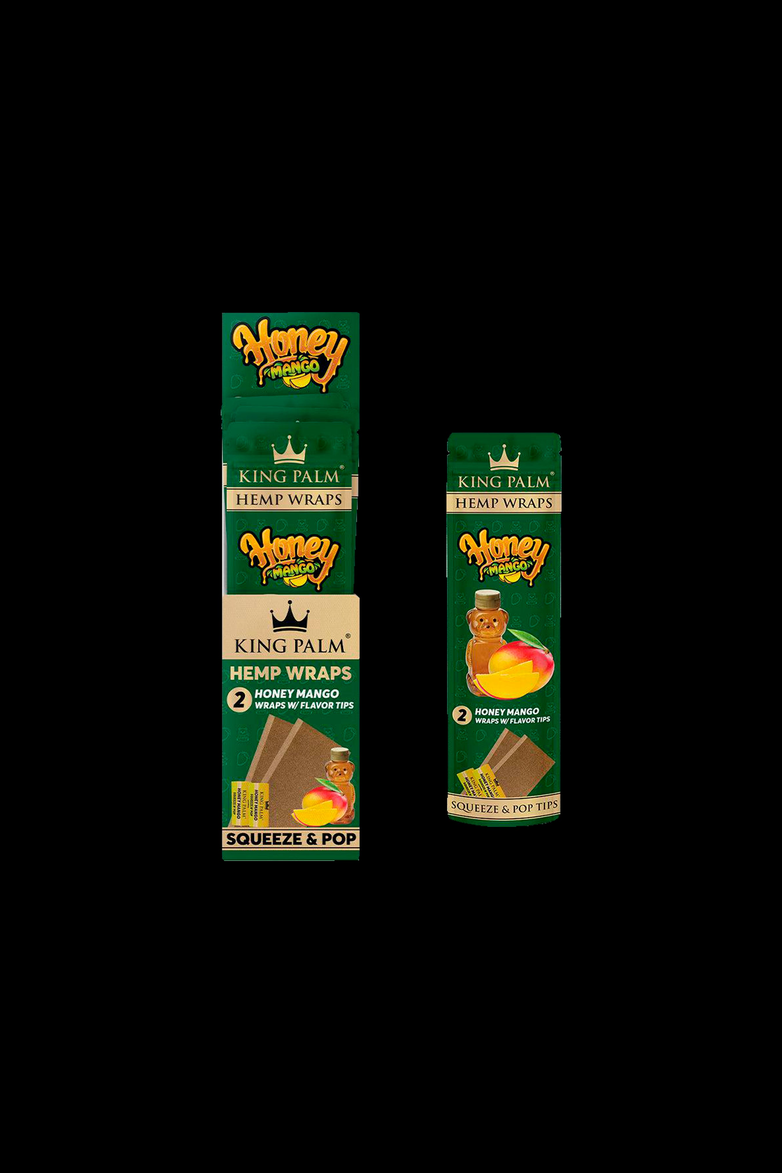 Two packages of King Palm Honey Mango hemp wraps with flavor tips, displayed against a black background.