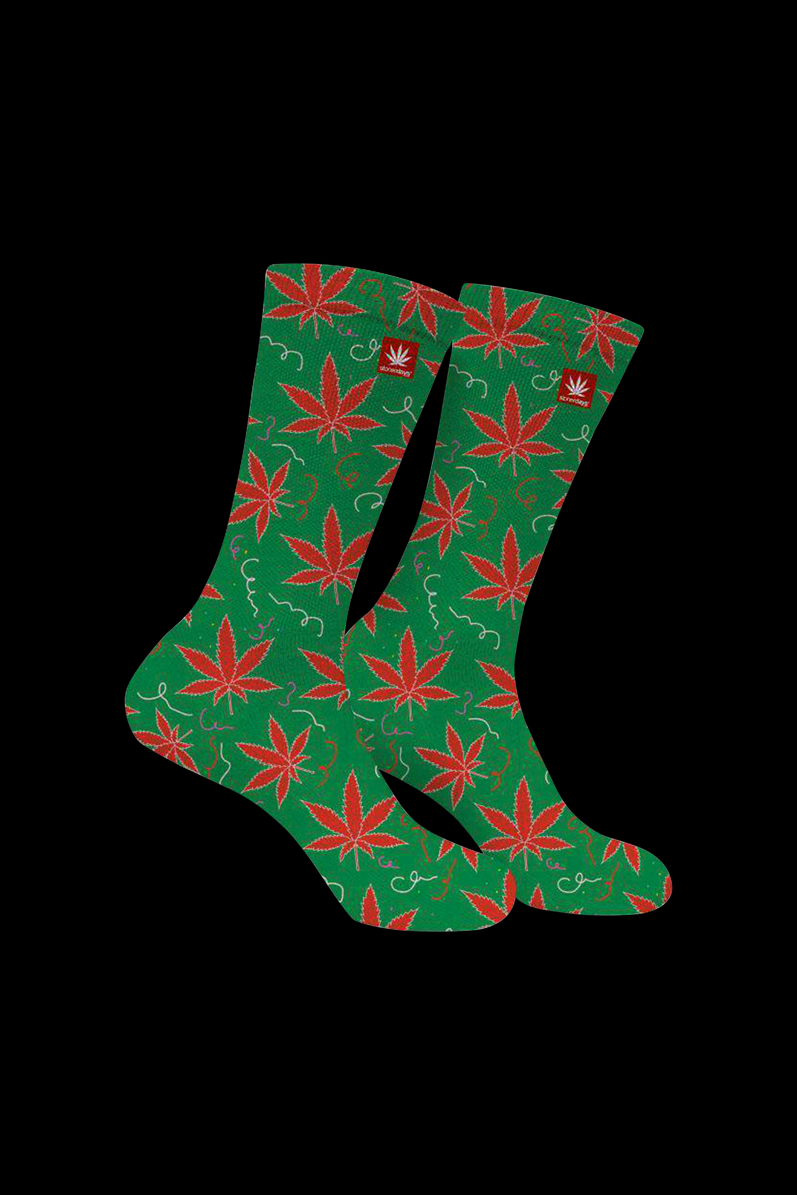 Green crew socks patterned with red cannabis leaves.