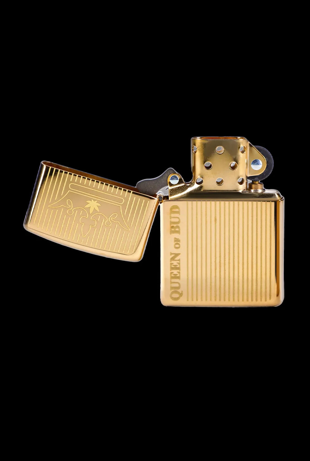 Gold Zippo-style lighter engraved with “Queen of Bud” and a cannabis leaf design, open against a black background.