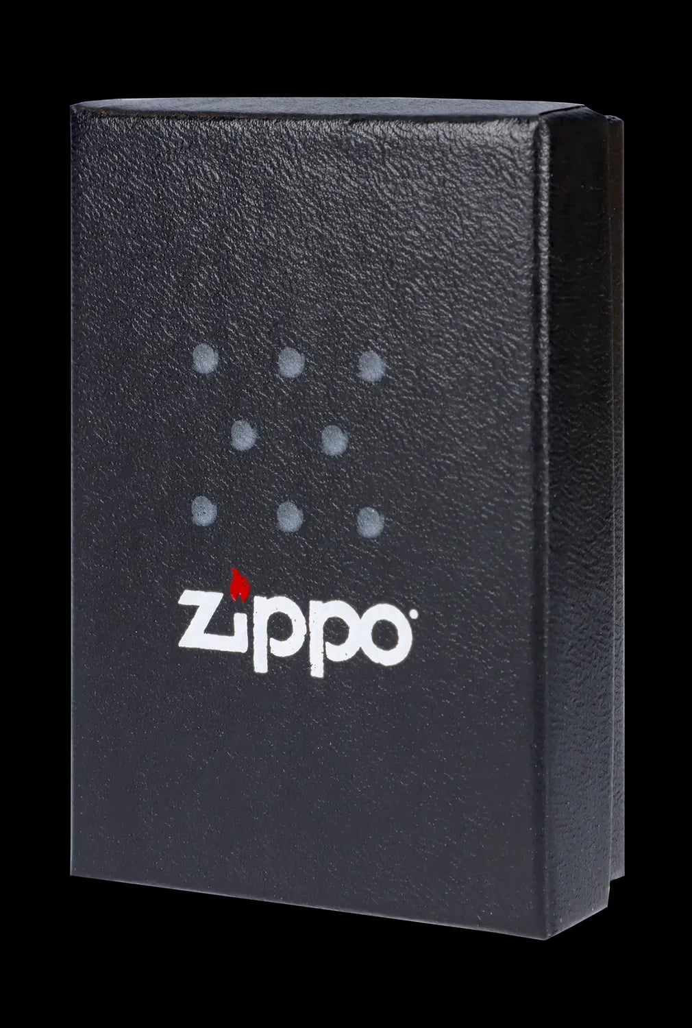 Black Zippo cannabis storage case with silver logo.