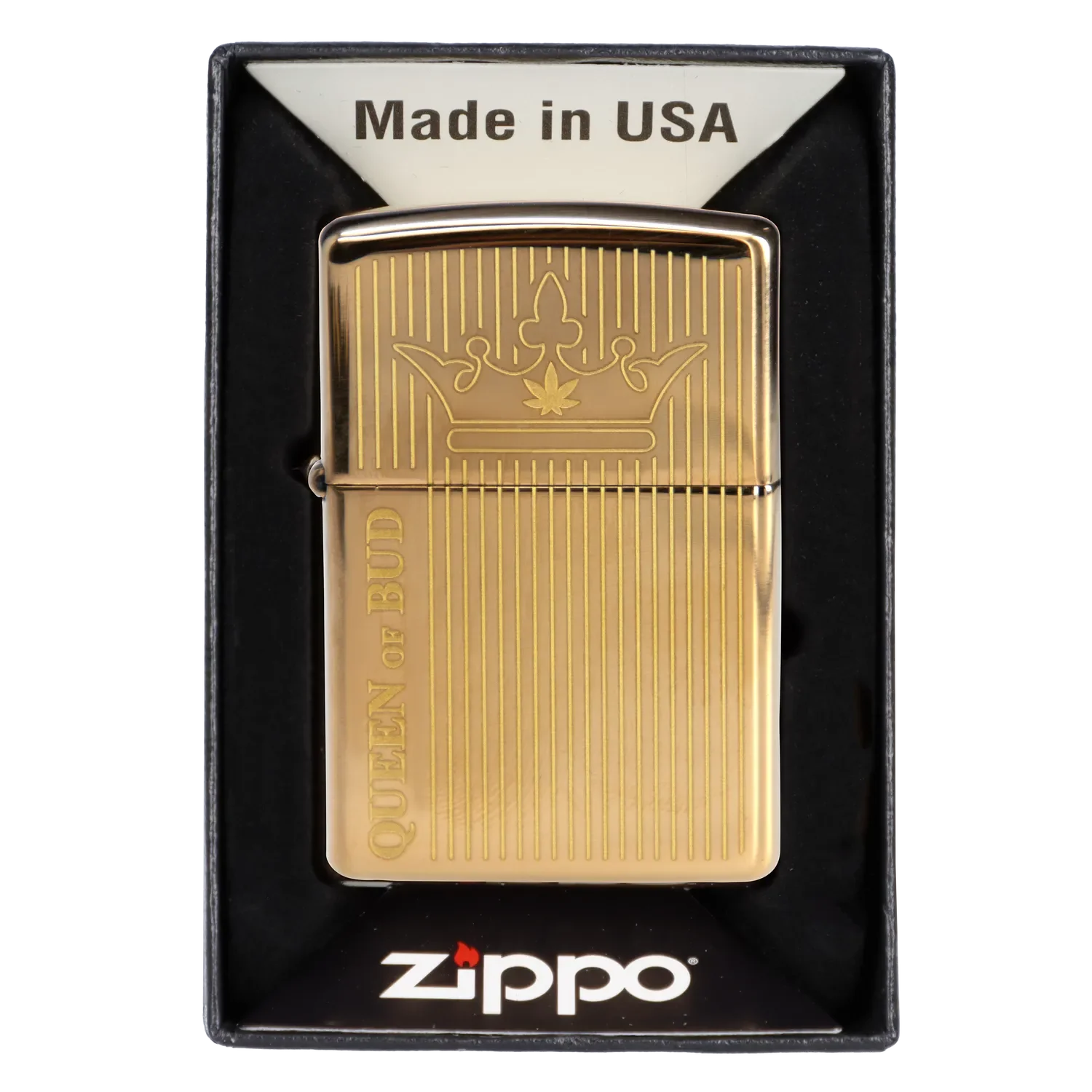 Gold Zippo lighter with a cannabis leaf crown design and “Queen of Bud” engraving, presented in a black box.