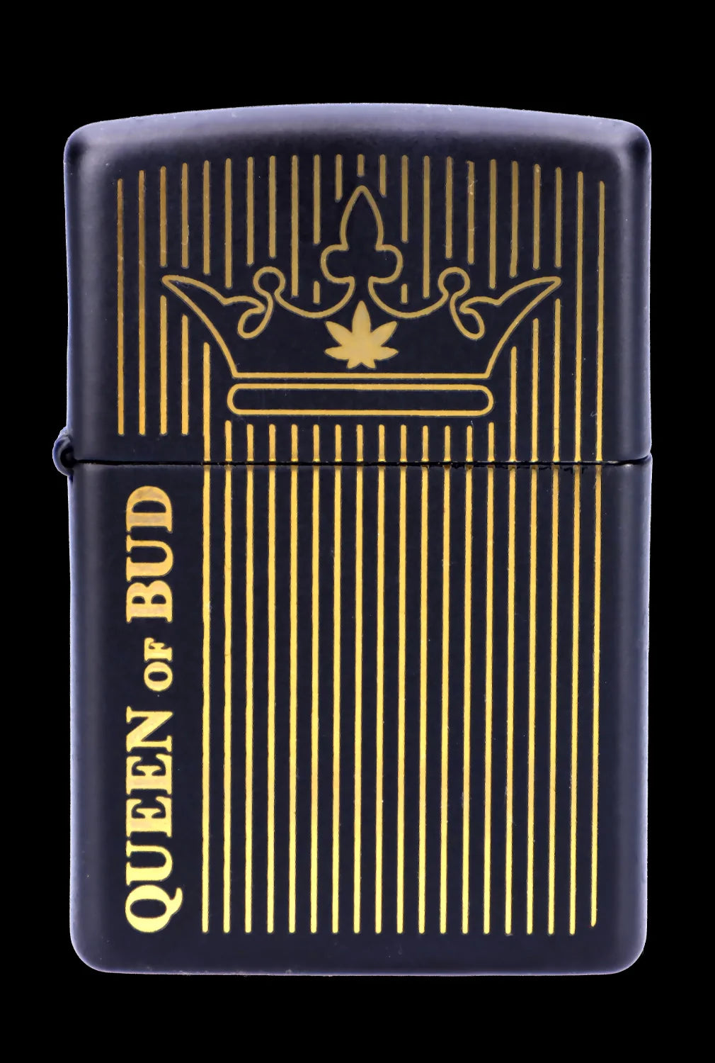 Black Zippo-style lighter with gold vertical lines and a cannabis leaf crown design, reading "Queen of Bud."