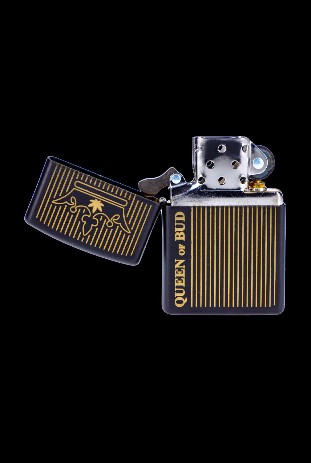 Two Zippo-style lighters with cannabis leaf designs and “Queen of Bud” text against a black background.