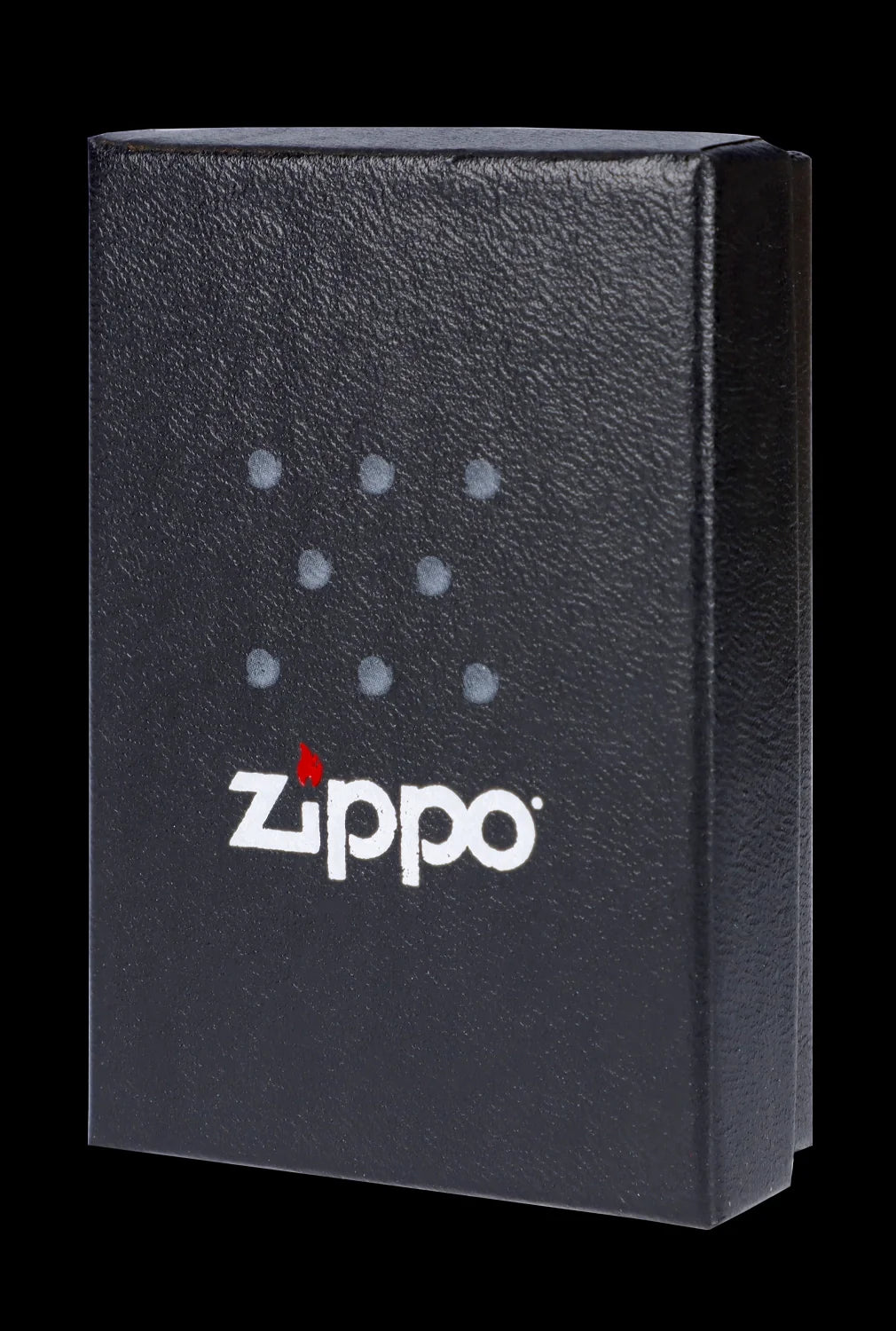 Black Zippo lighter with a constellation-like dot pattern and white logo.