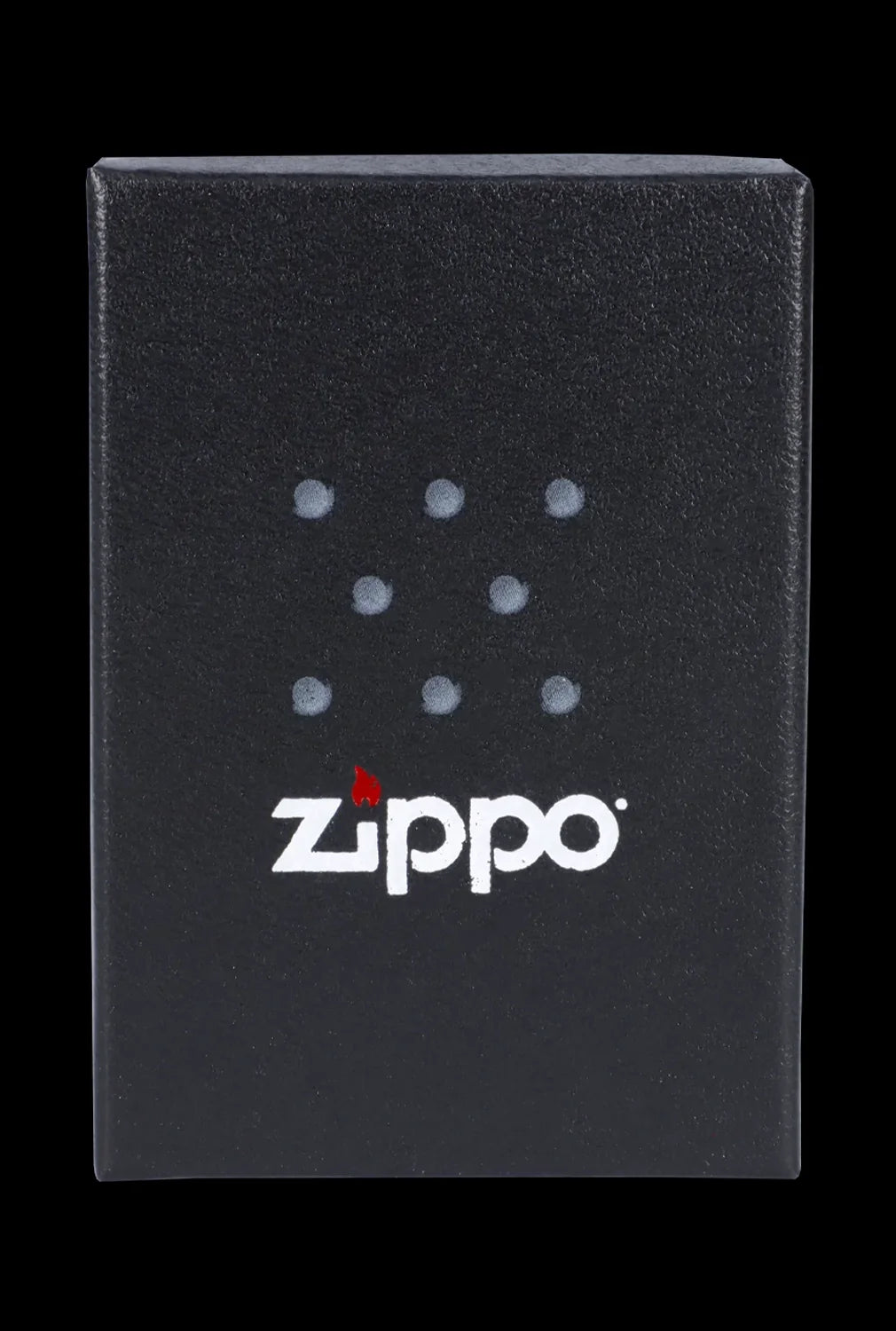 Black Zippo lighter box with a cannabis leaf pattern and logo.