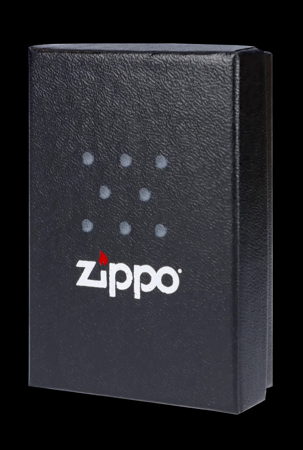 Black Zippo lighter box with white logo and cannabis leaf pattern.