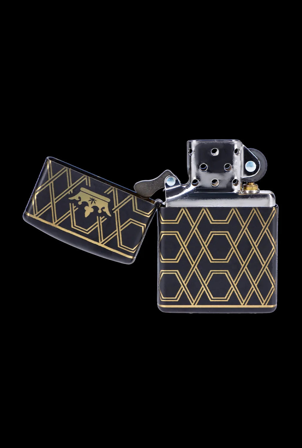 Art Deco-style black and gold lighter, open and displaying interior.