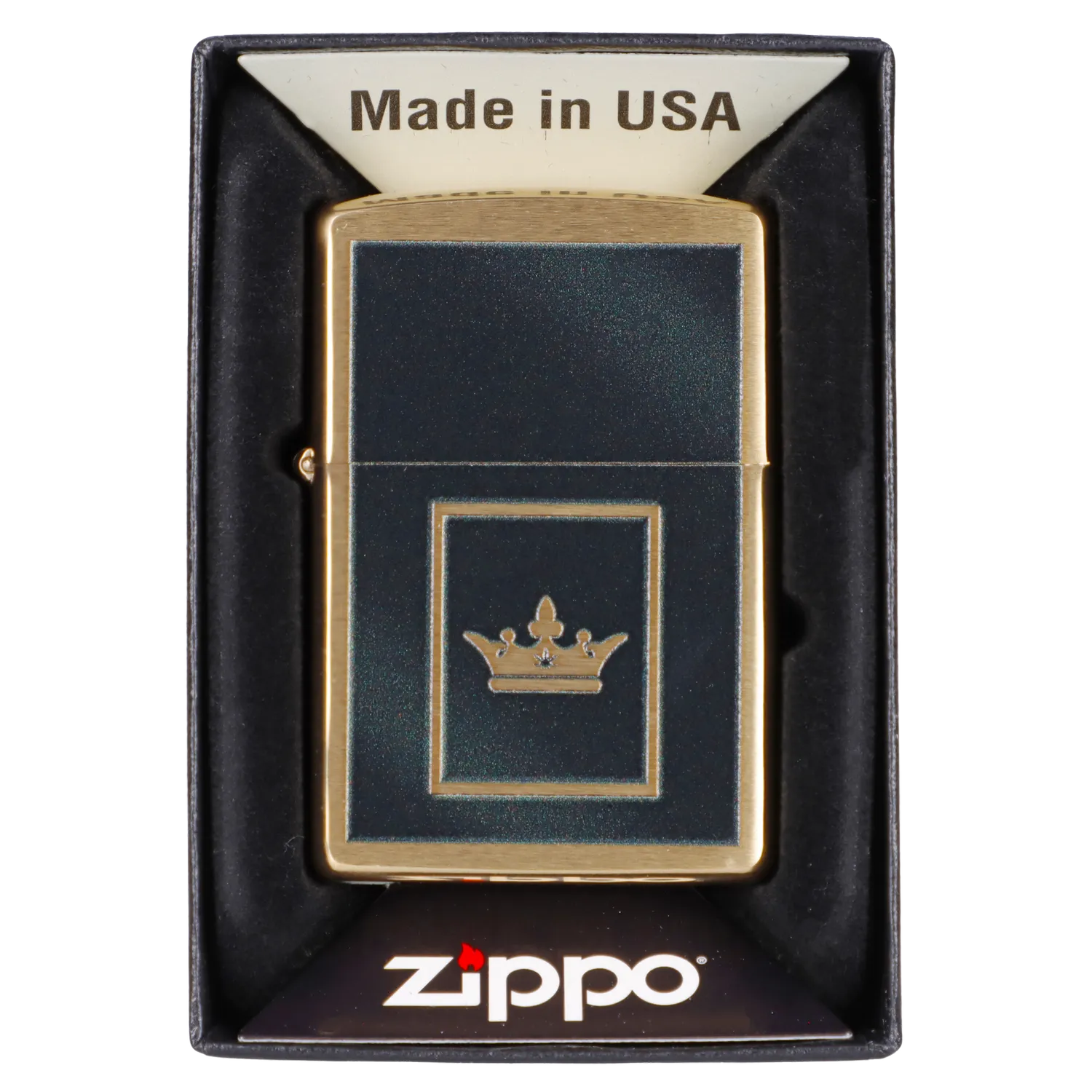 Zippo lighter with a gold crown design in a black box, often used for cannabis consumption.