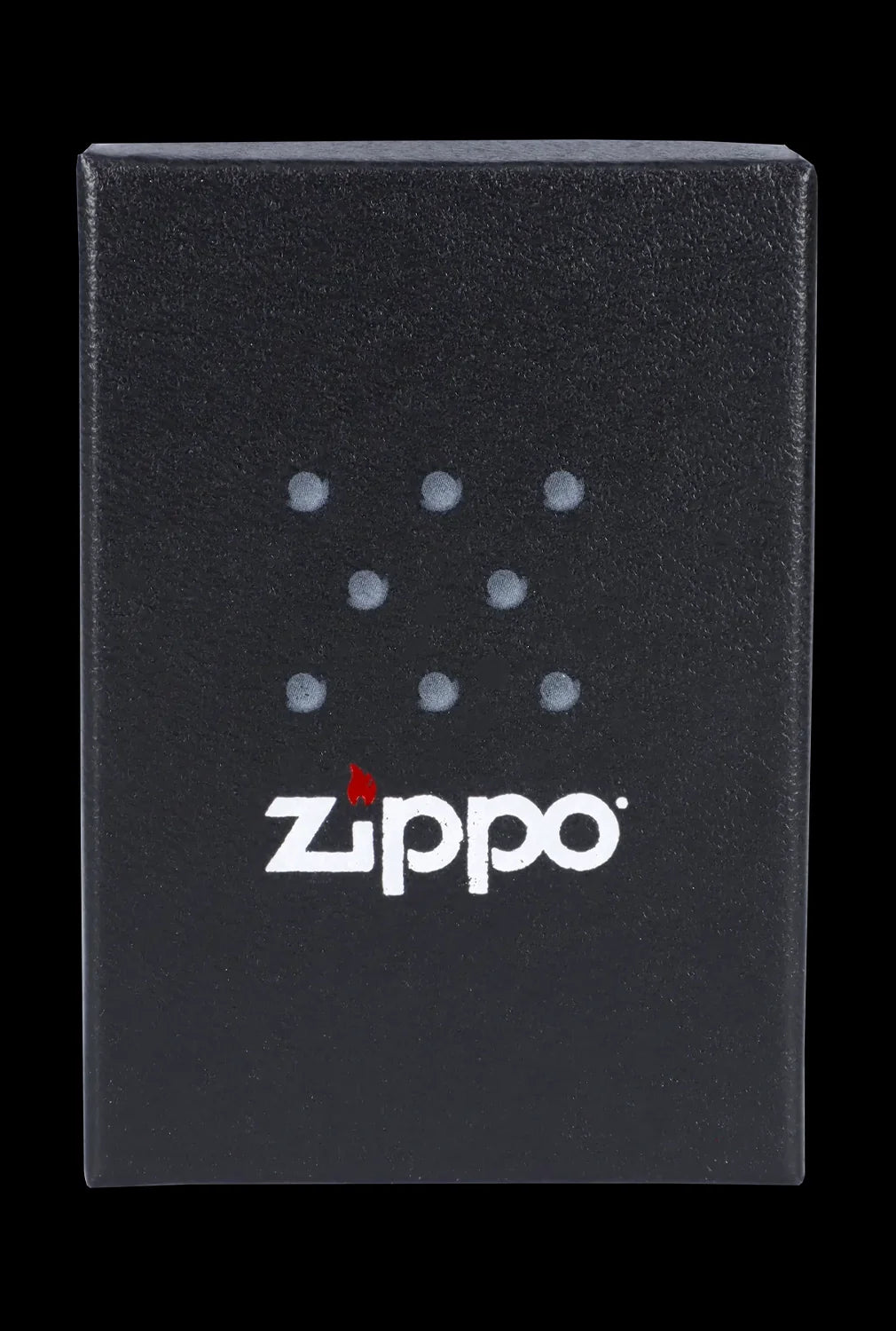 Black Zippo box with a cannabis leaf pattern and logo.