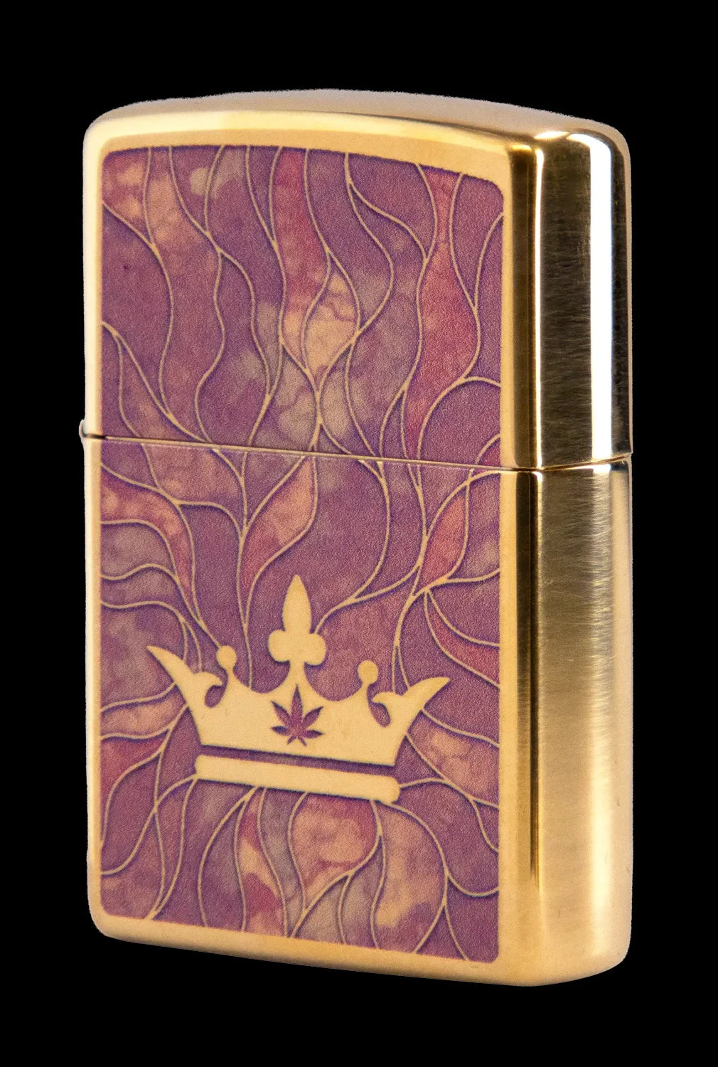 Gold Zippo lighter with a purple and gold swirling pattern and a cannabis leaf-topped crown.