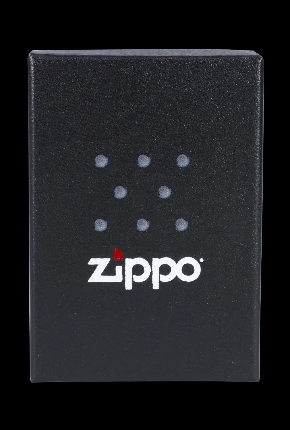 Black Zippo lighter box with cannabis leaf-shaped dots and logo.