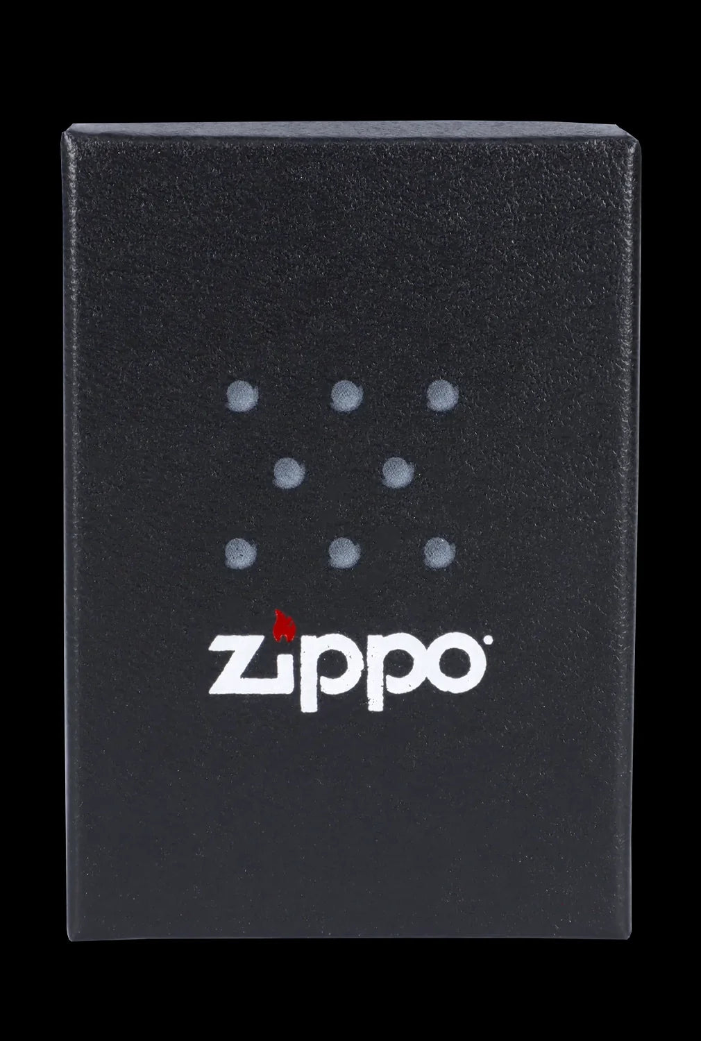 Black Zippo lighter box with cannabis leaf pattern.