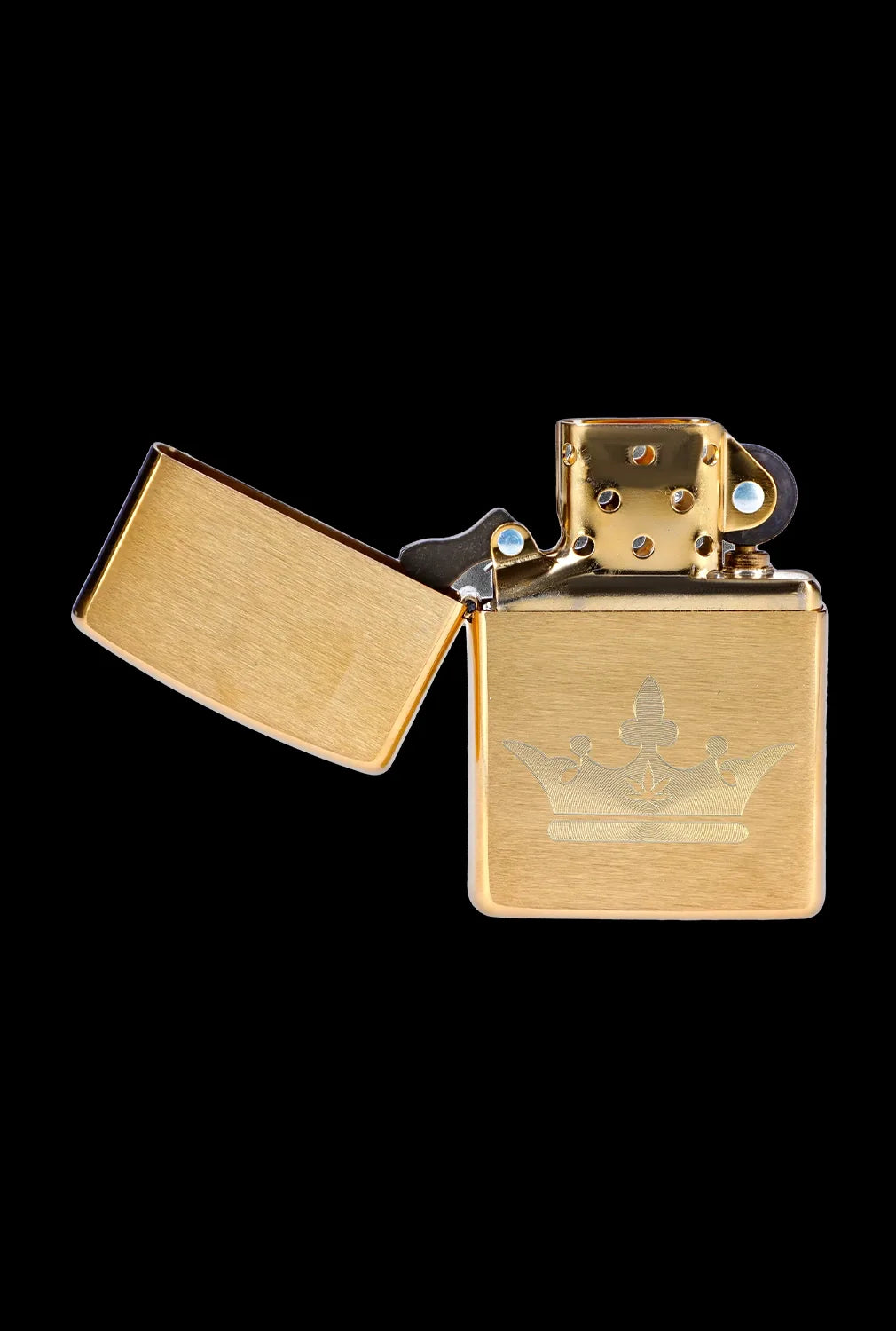 Gold Zippo-style lighter with a crown design, open and isolated on a black background.