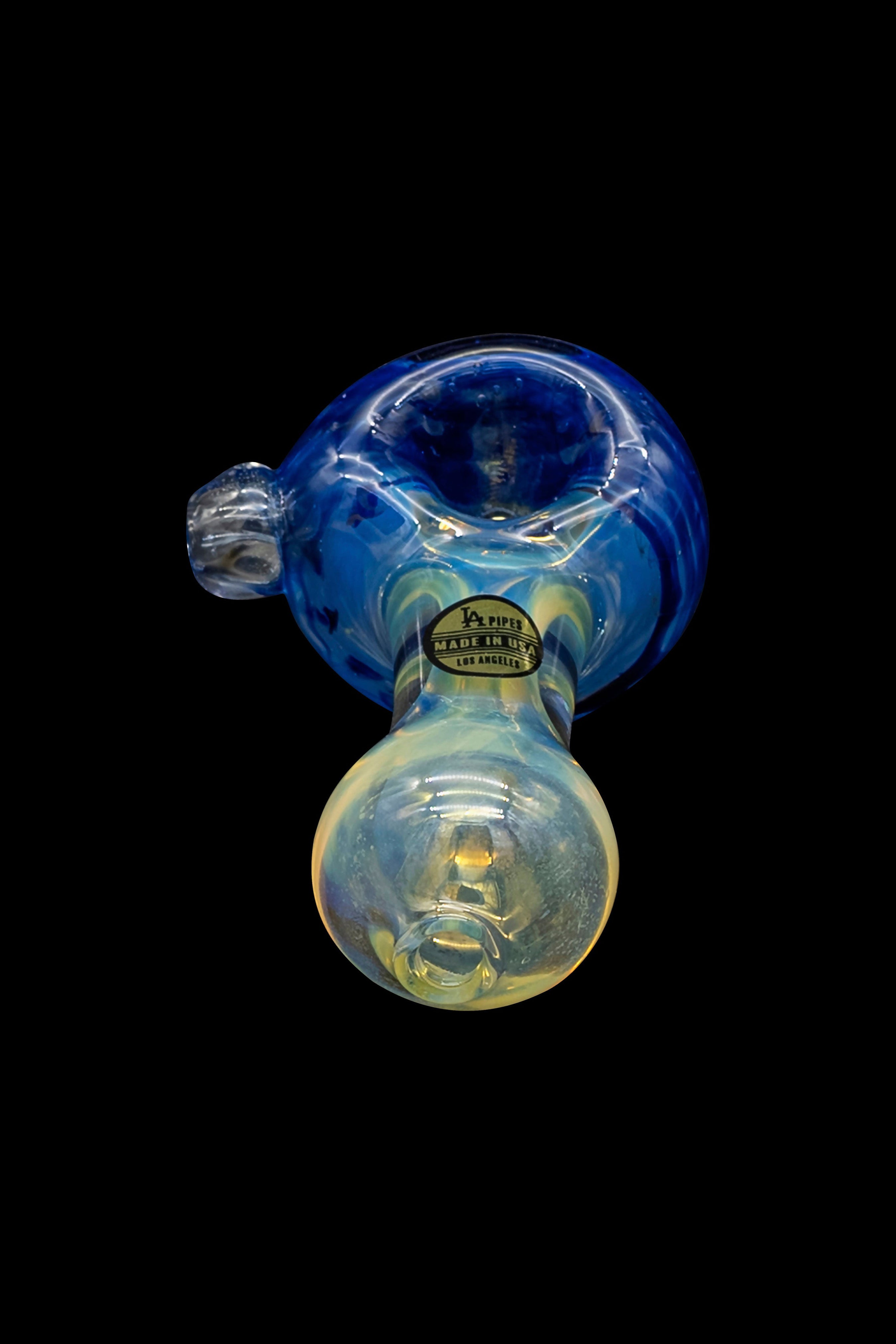 Blue glass cannabis pipe with yellow accents, labeled "Made in USA Los Angeles."