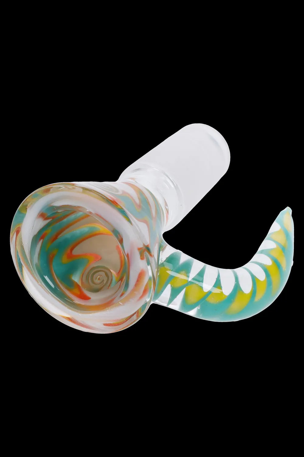 Hand-blown glass cannabis spoon pipe with swirling orange, teal, and white patterns.