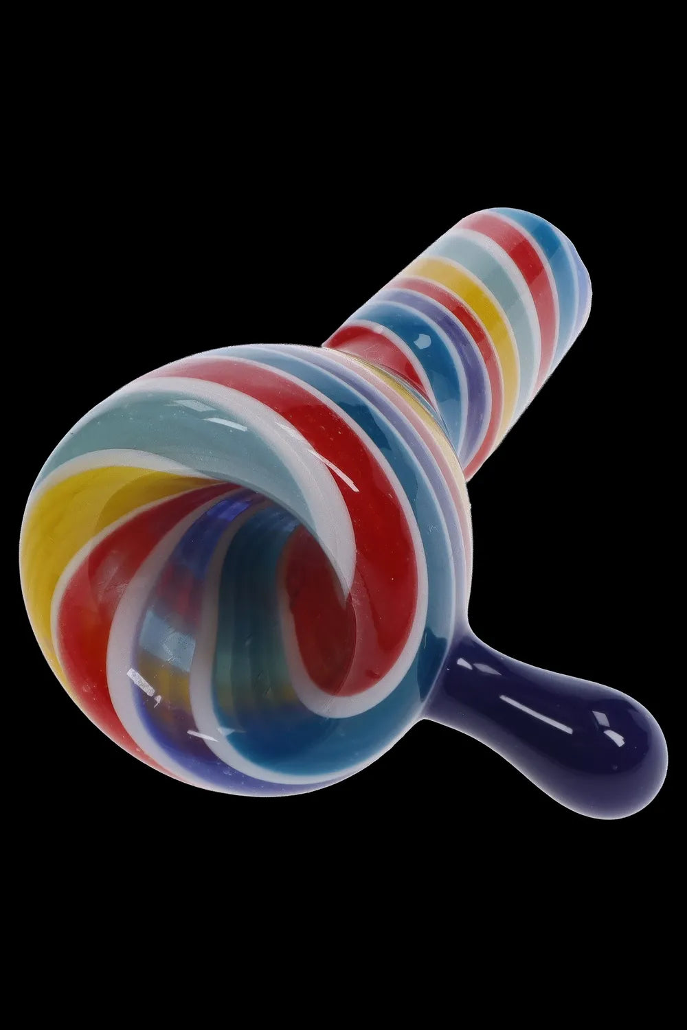 Colorful glass pipe with swirling red, yellow, and blue patterns.