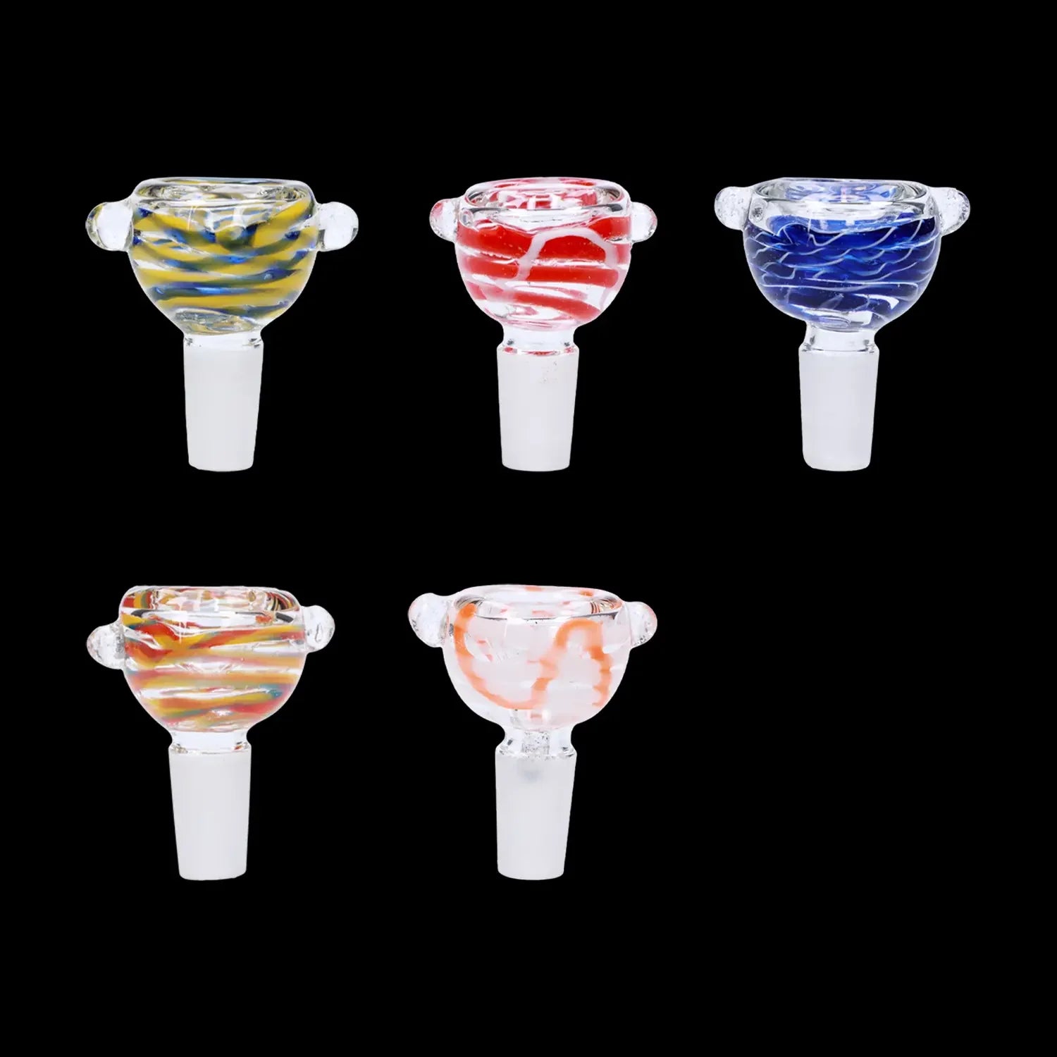 Assorted glass smoking bowls with colorful swirls and patterns.