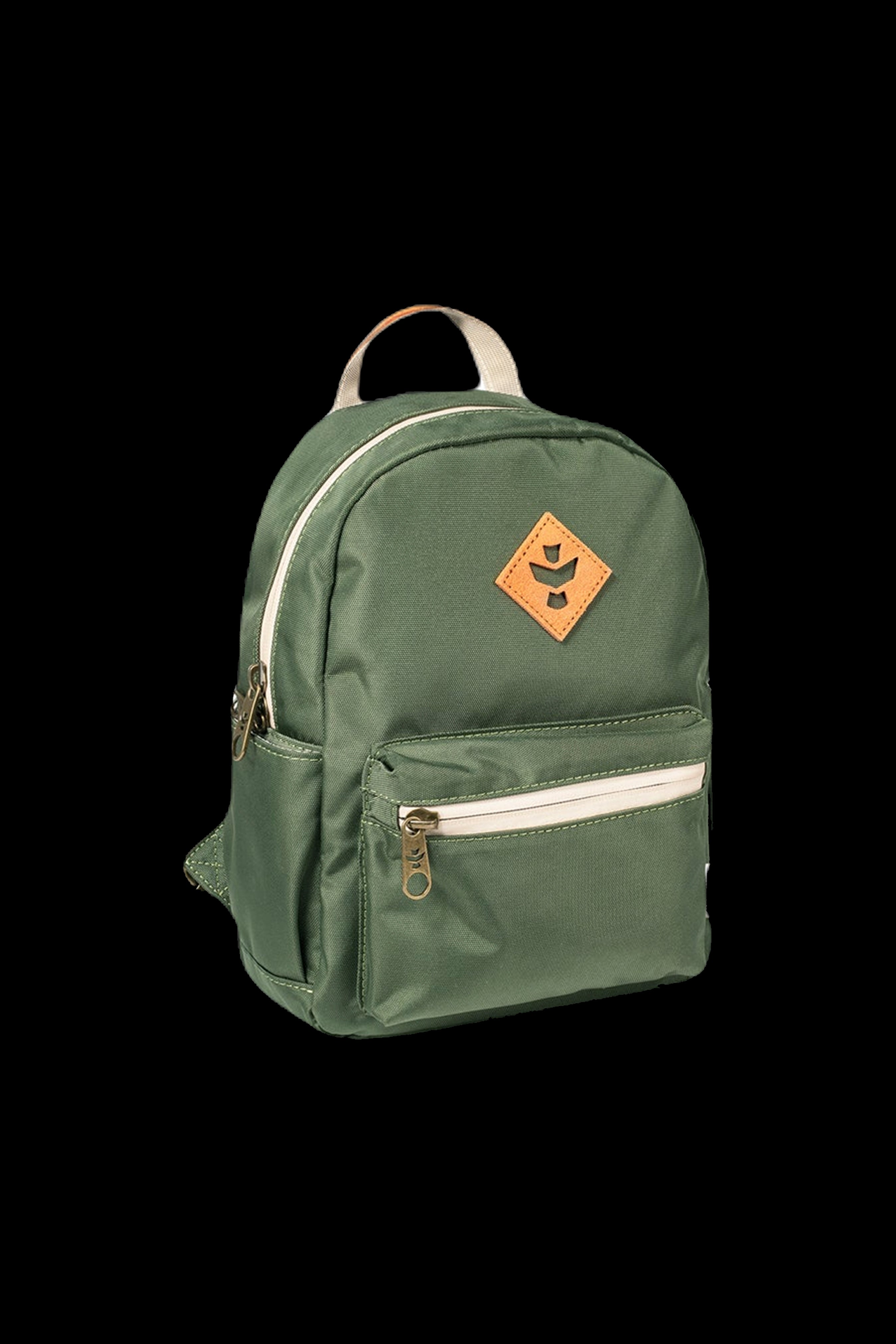 Forest green smell-proof backpack with a cannabis leaf patch.
