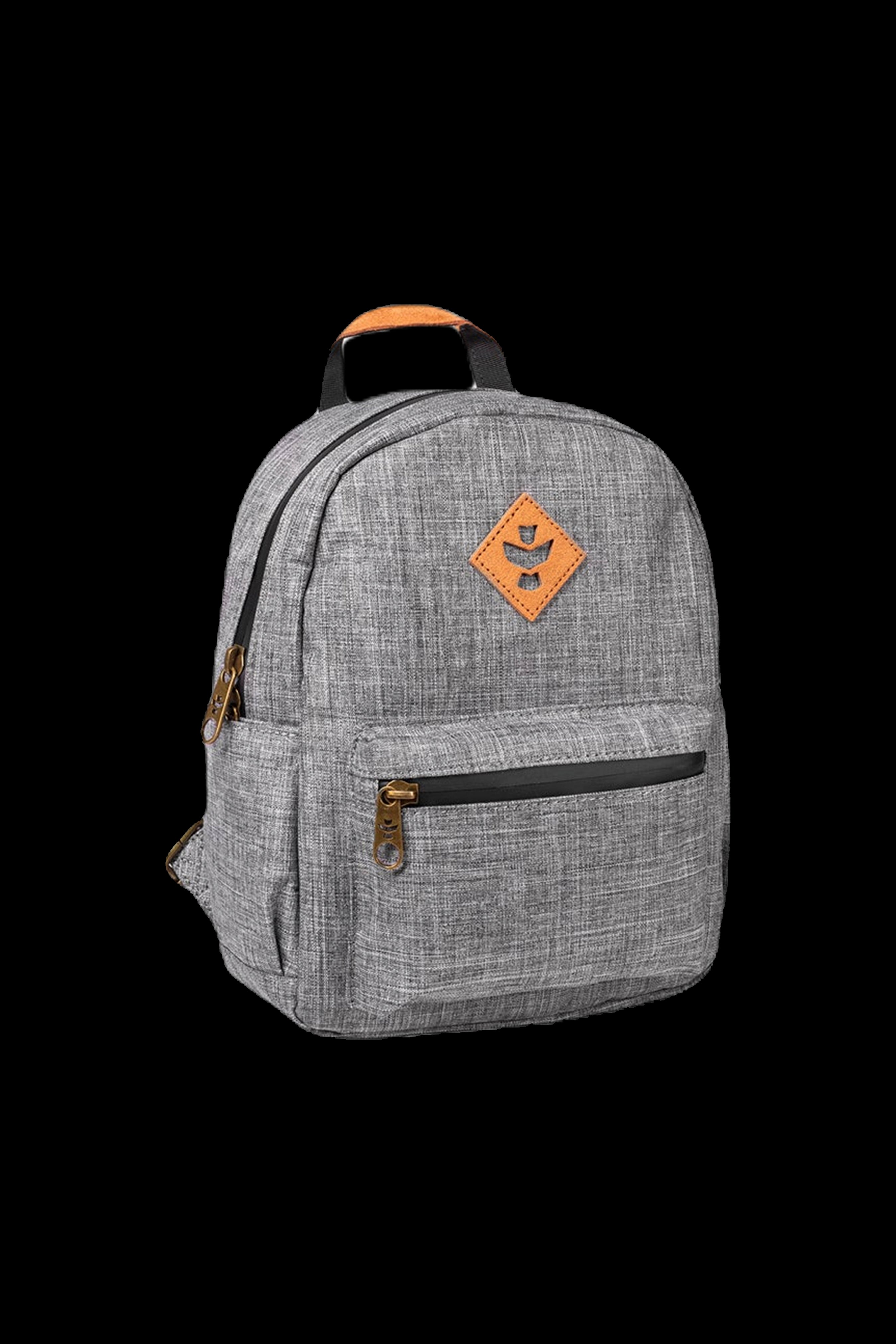 Gray cannabis accessories backpack with a leather patch logo.