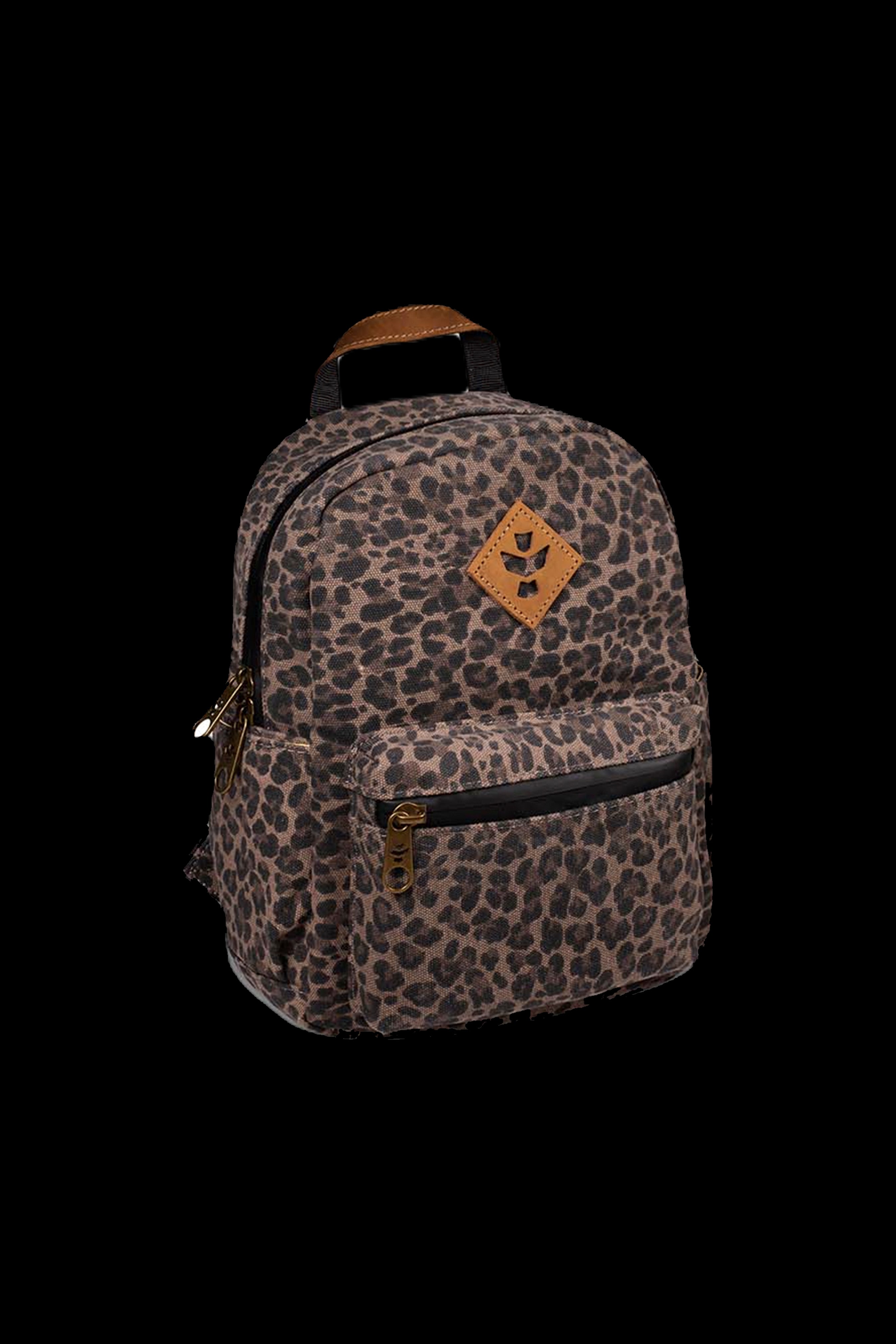 Leopard print mini backpack with cannabis leaf patch.