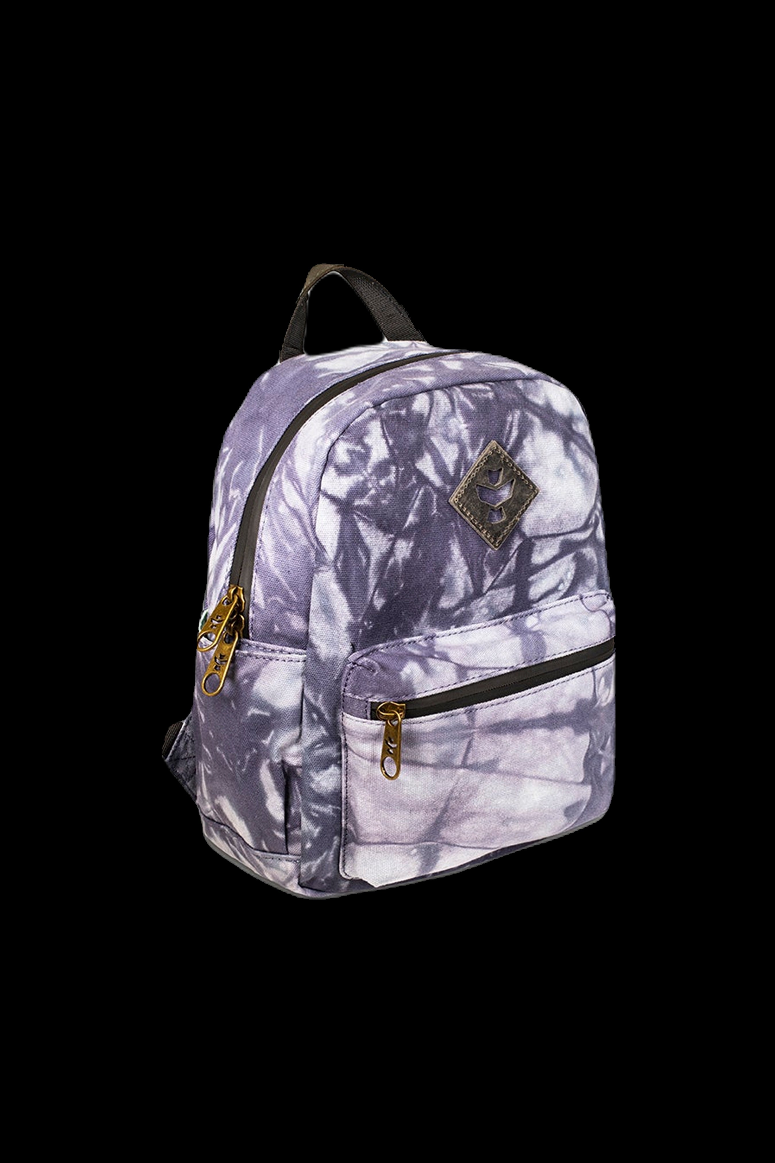 Tie-dye mini backpack with cannabis leaf patch, isolated on black.
