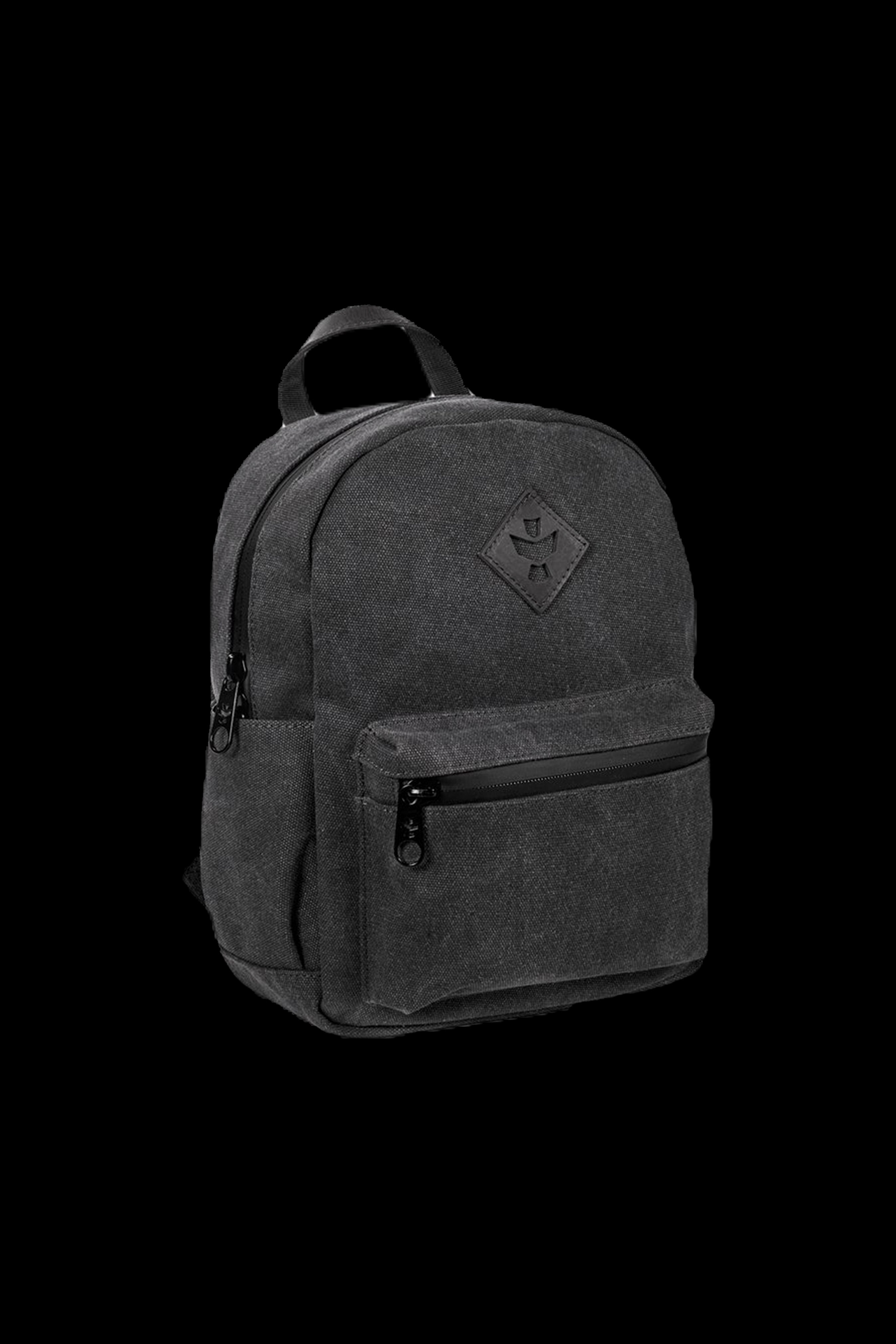 Black canvas backpack with subtle cannabis leaf branding, designed for discreet carrying.