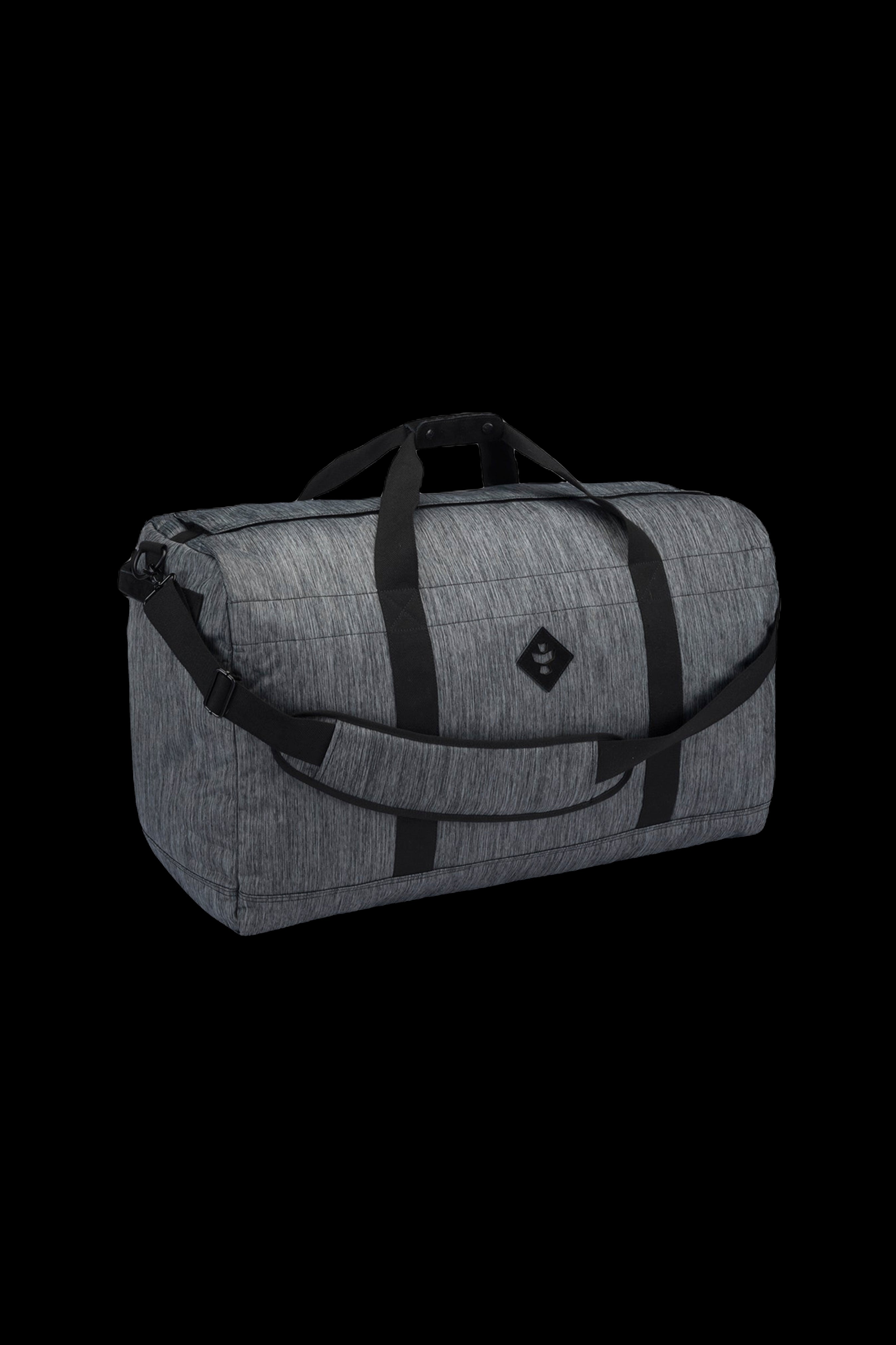 Gray duffel bag with black straps, designed for discreet cannabis accessory transport.