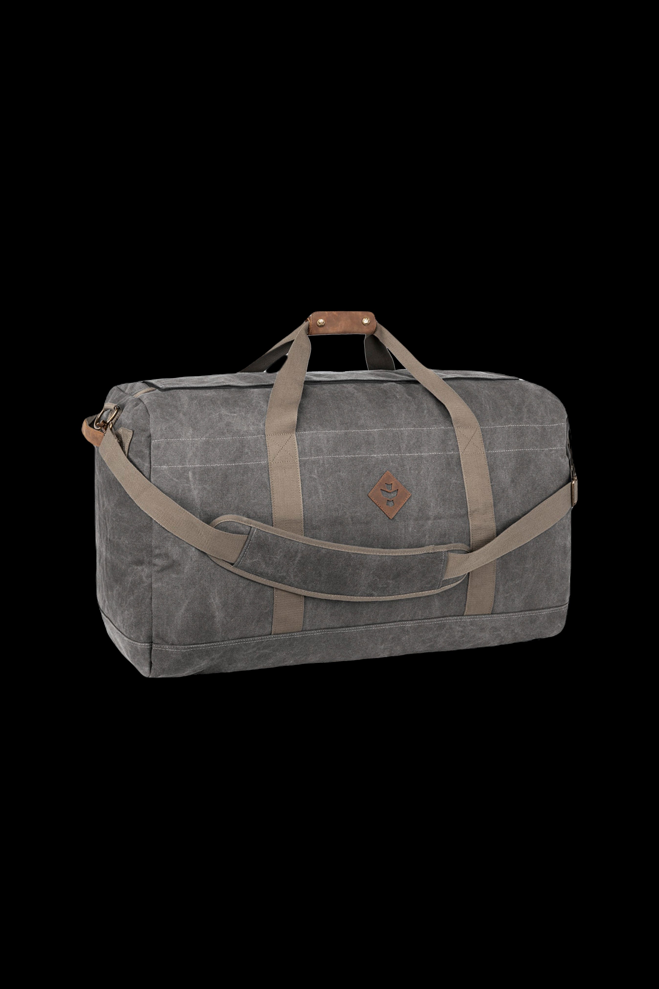 Wax canvas duffel bag with leather straps, designed for discreet cannabis accessory transport.