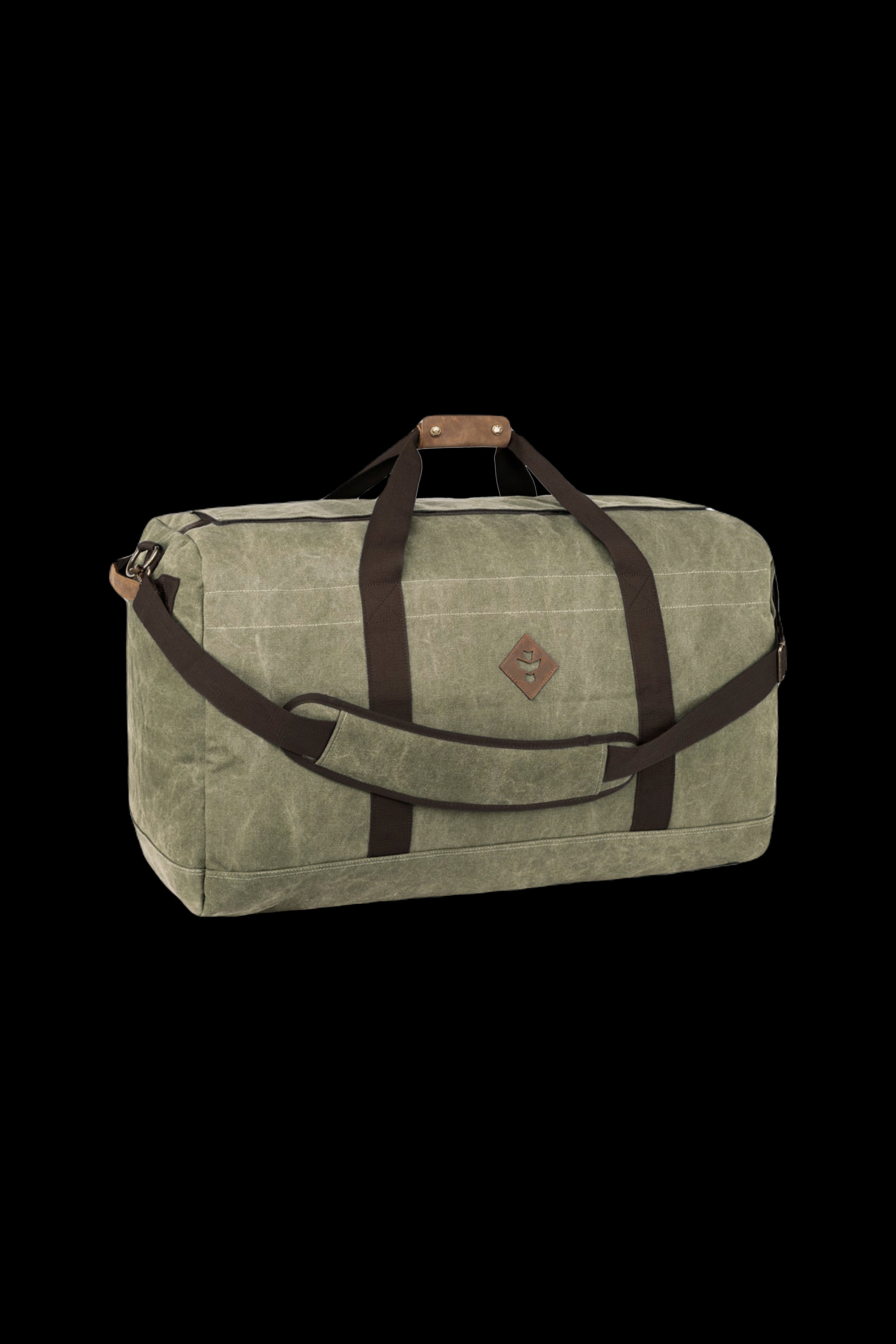 Olive green cannabis carry bag with leather accents and a diamond logo.