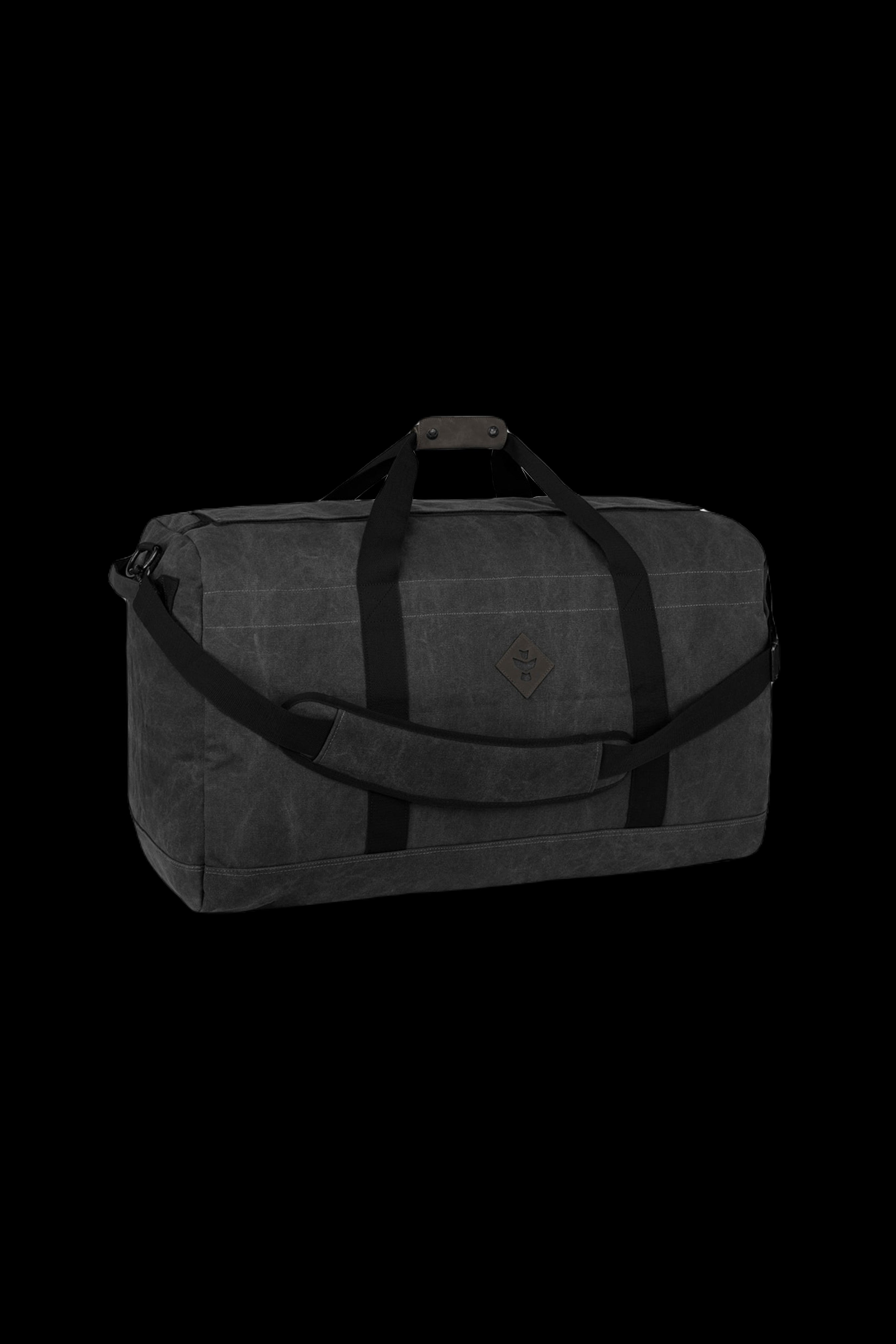 Black cannabis duffel bag with embossed logo.
