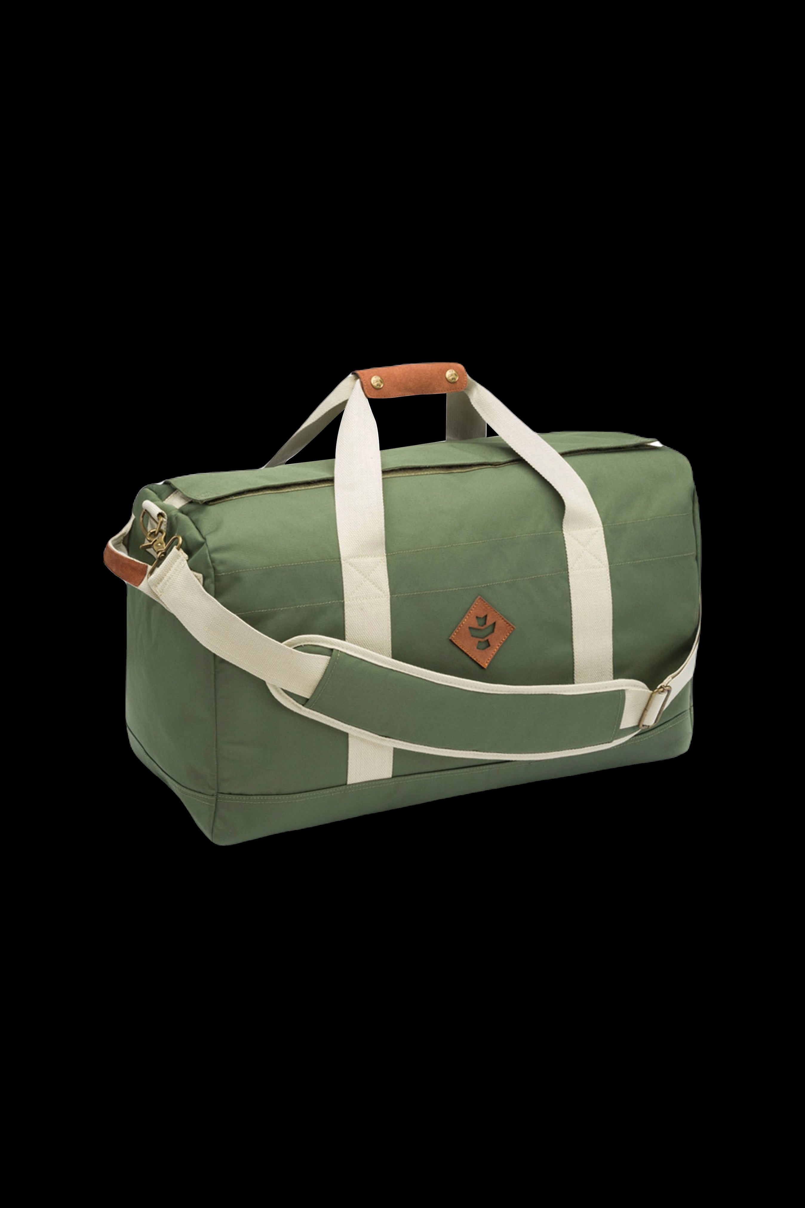 Green canvas duffel bag with white trim and a cannabis leaf logo patch.