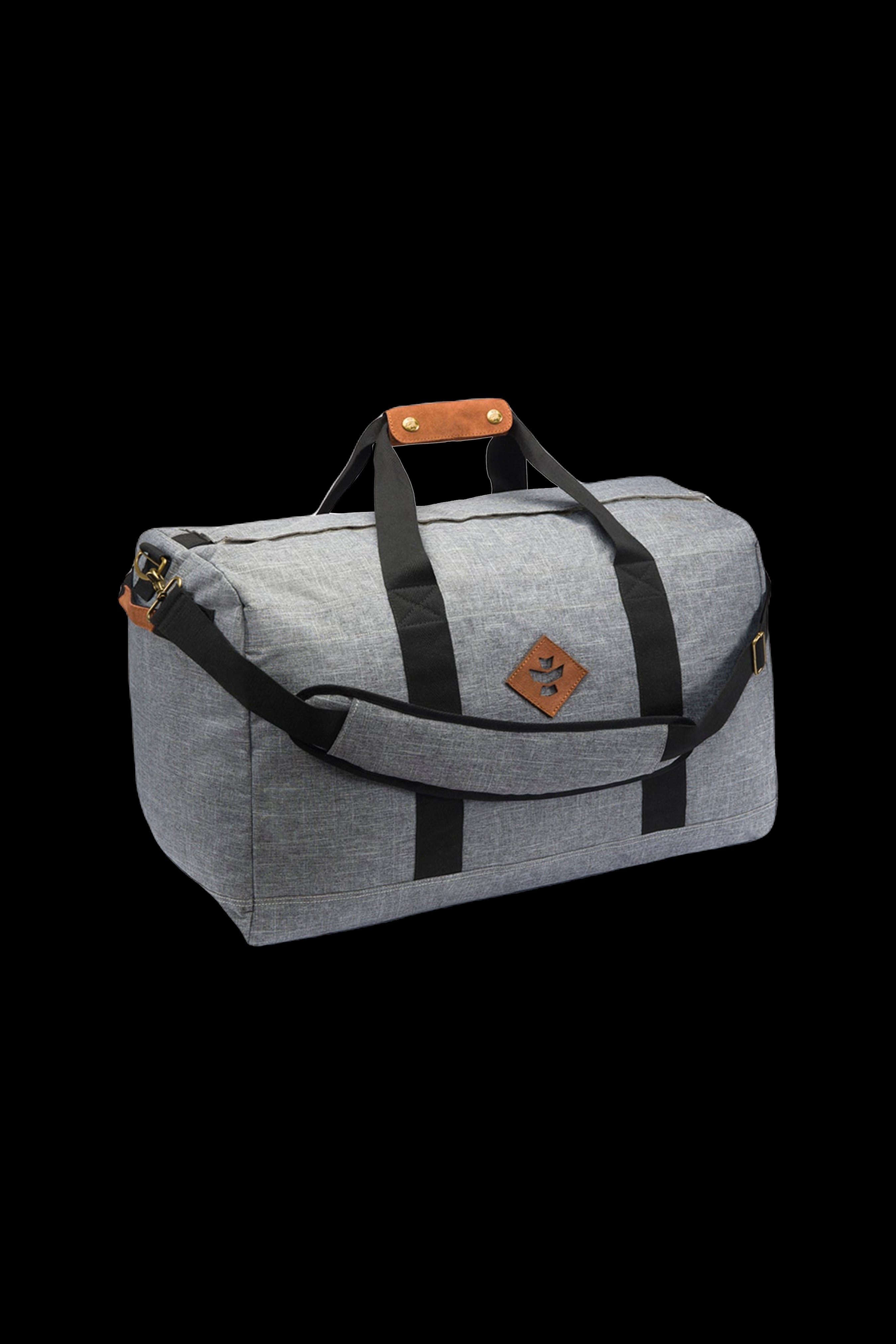 Gray cannabis accessory travel bag with leather handles and accents, displayed on a black background.