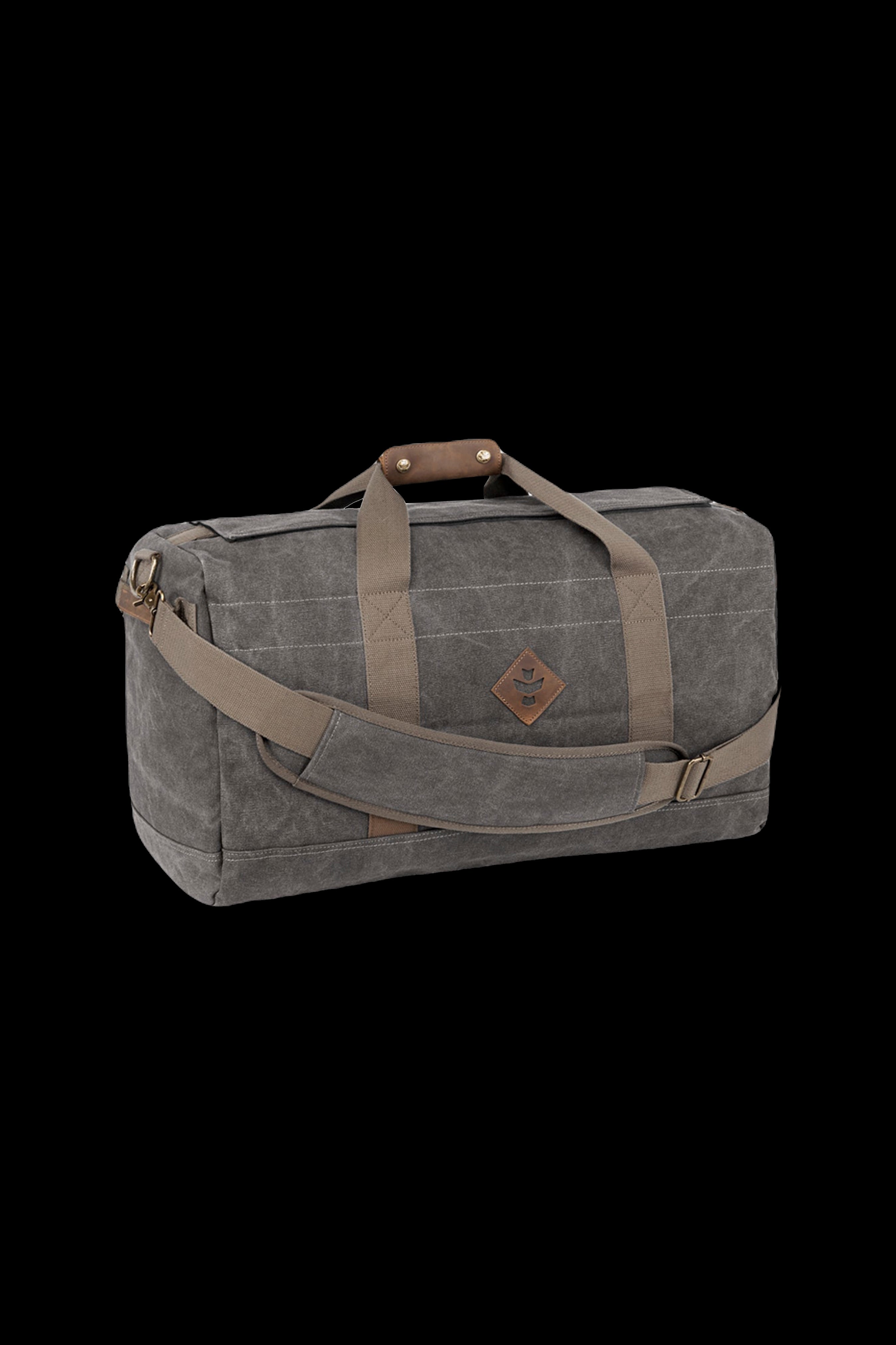 Dark green canvas duffel bag with leather accents, designed for discreet cannabis accessory storage.