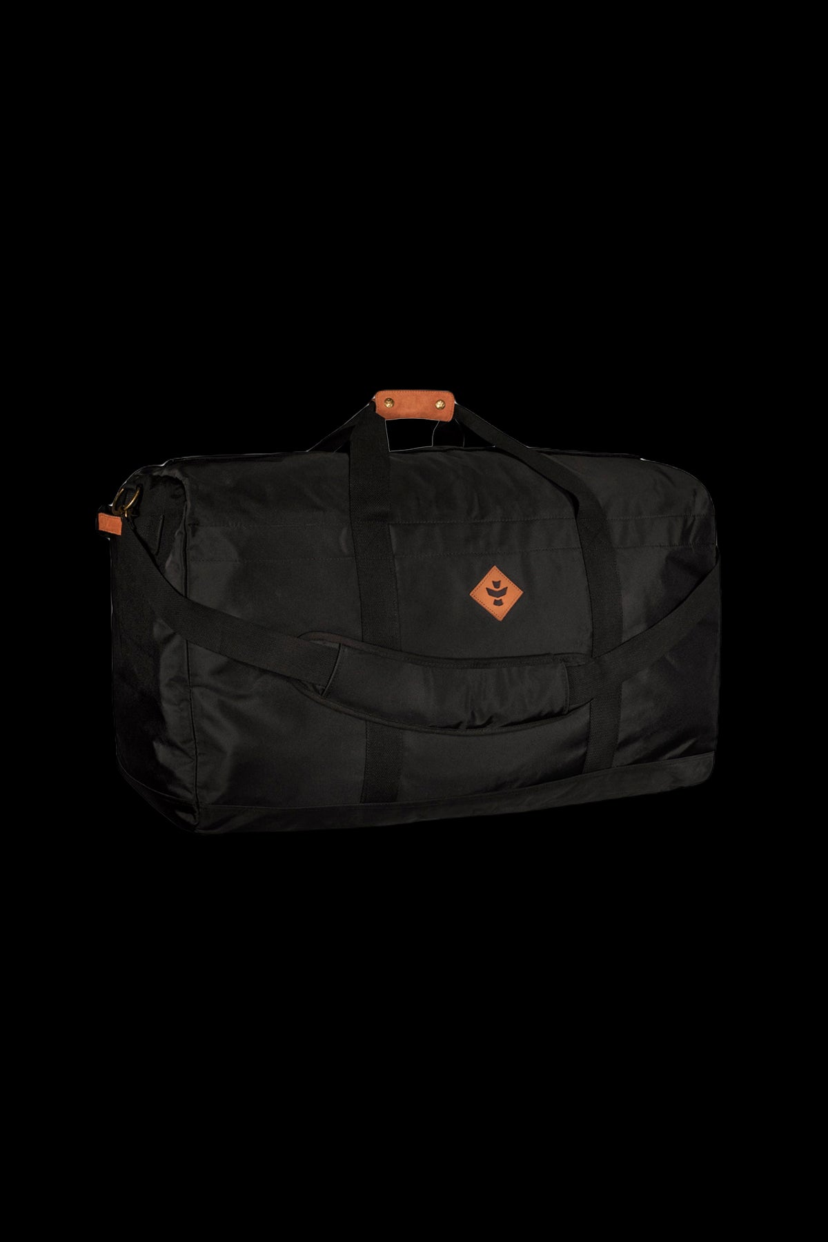 Black cannabis accessories travel bag with orange accents and a diamond-shaped logo.