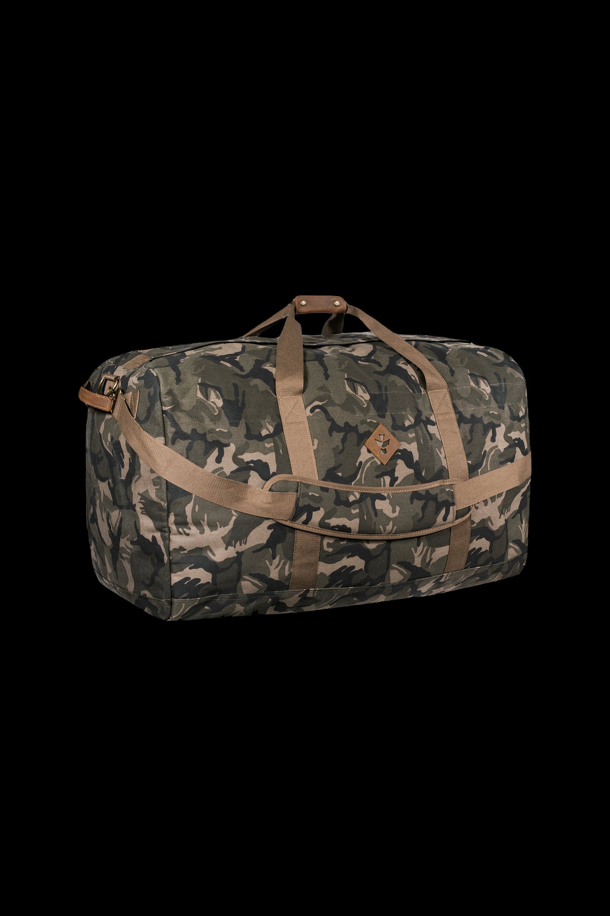 Camouflage duffel bag designed for discreet cannabis accessory transport.