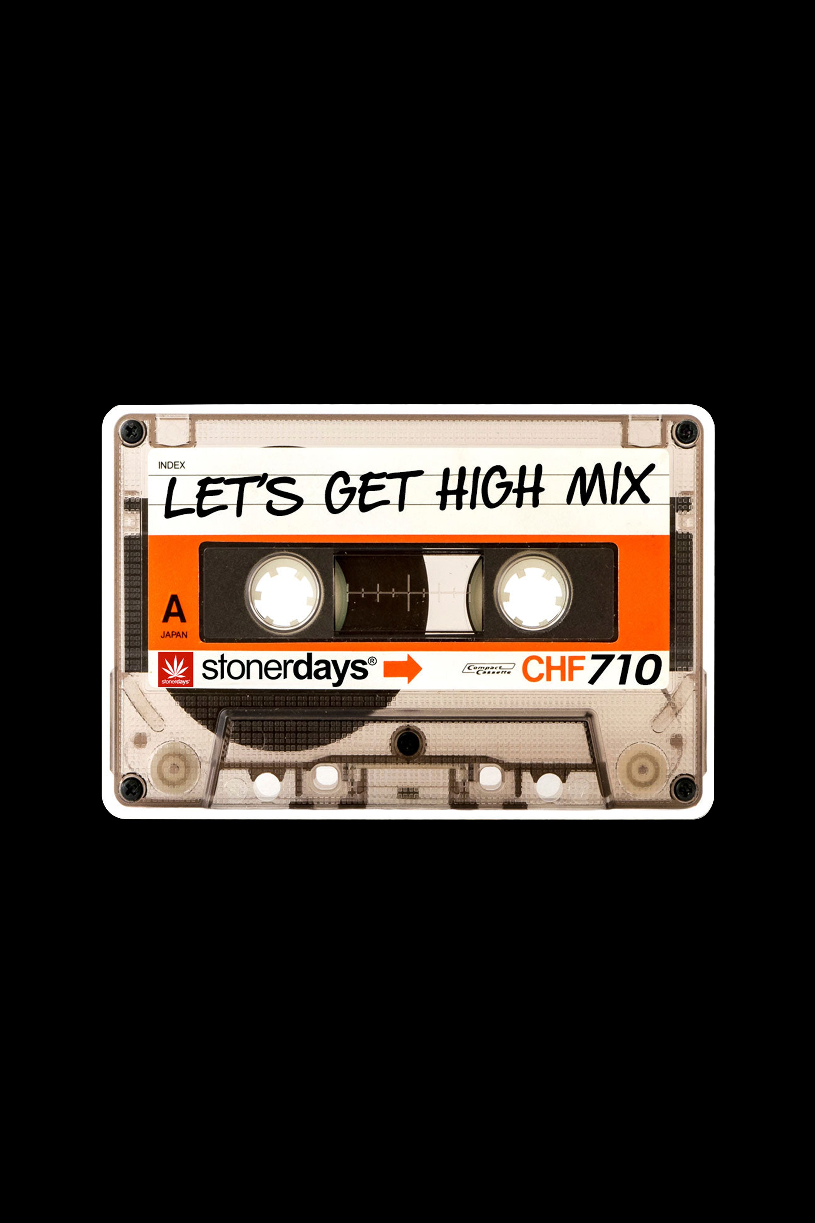 A vintage cassette tape labeled “Let’s Get High Mix” with cannabis leaf branding.