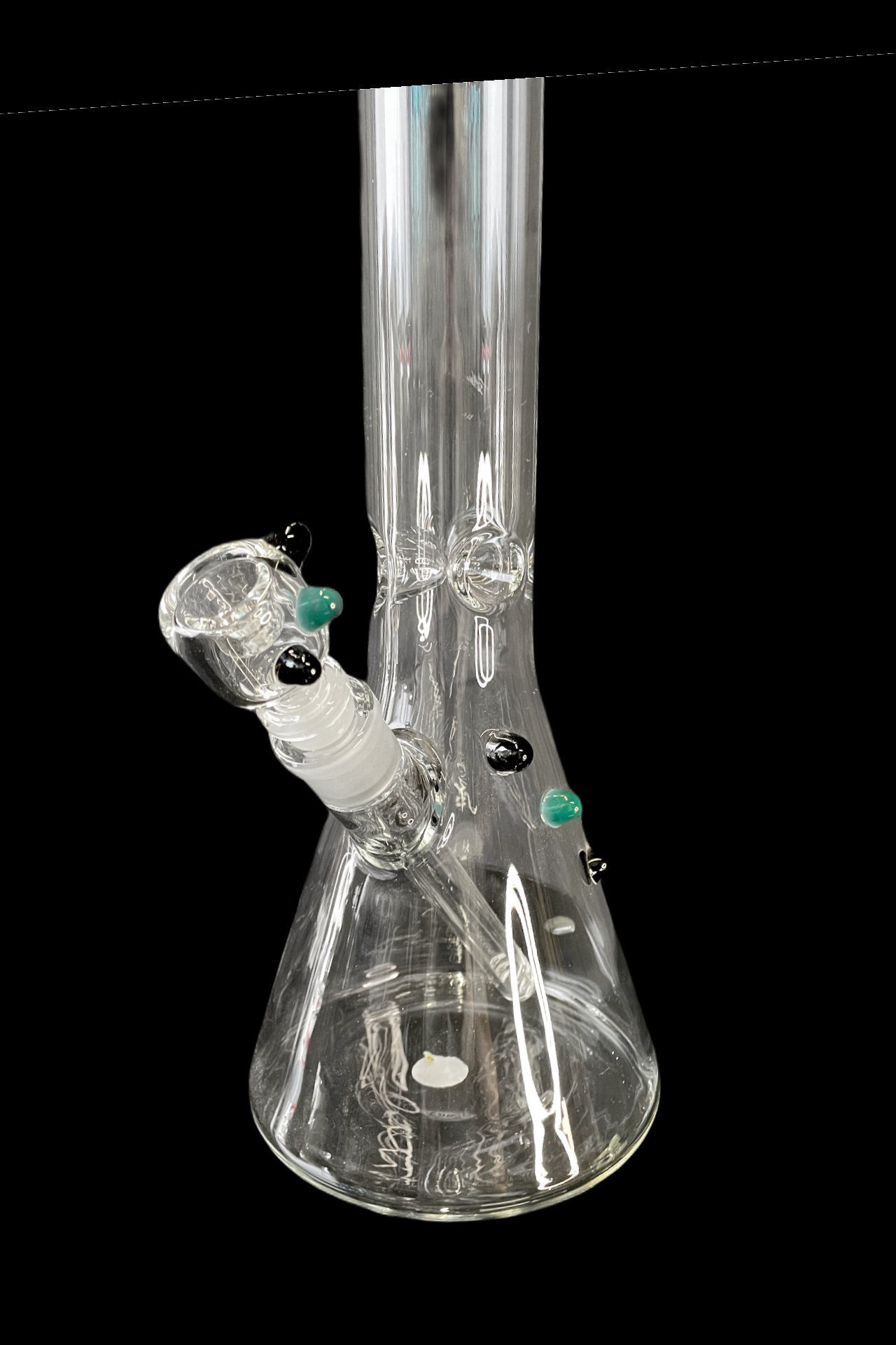 Clear glass water pipe (bong) with green and black accents, isolated on a black background.